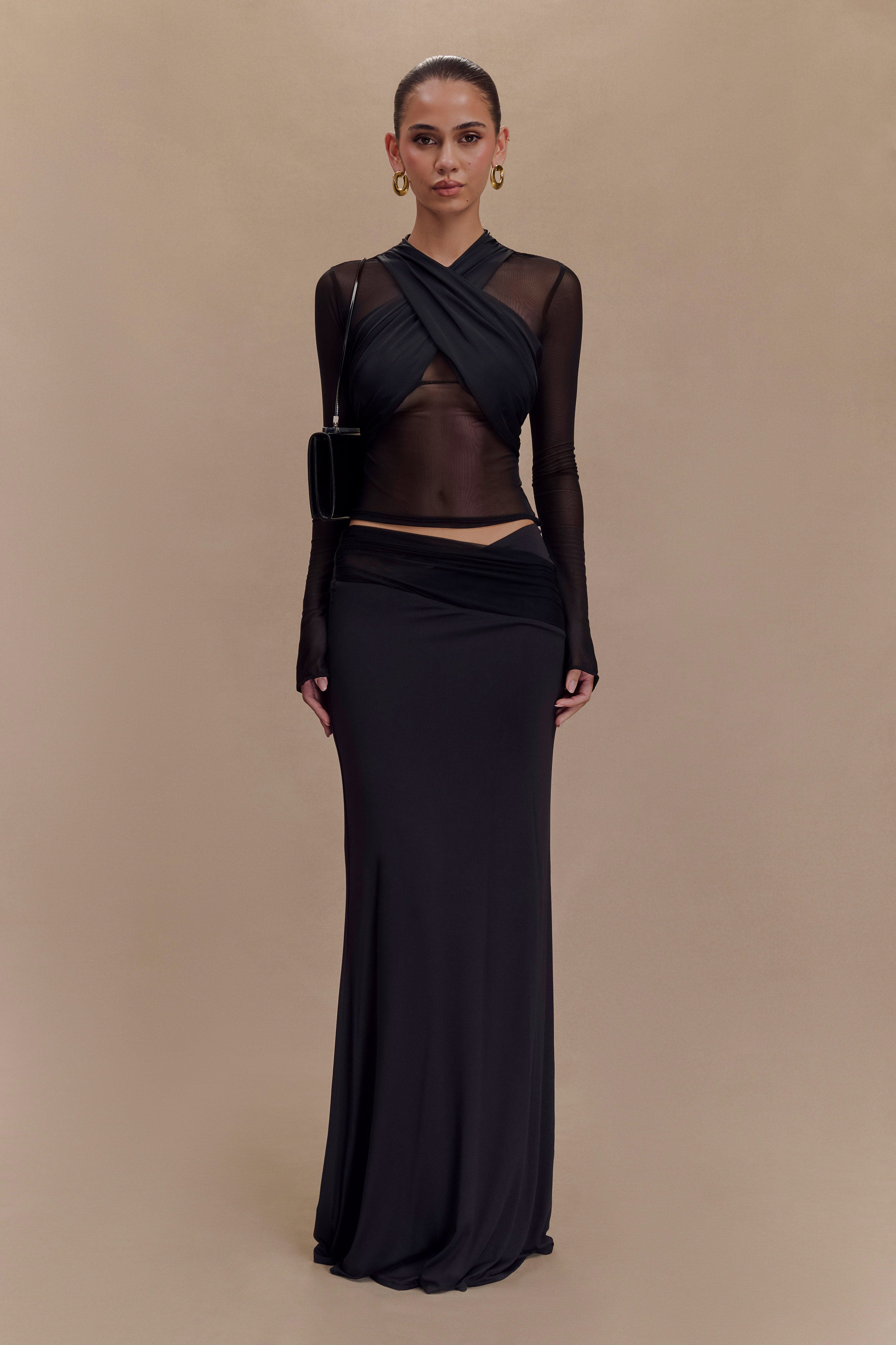 Mesh Long Sleeve Top with Jersey Halter | Tania Black