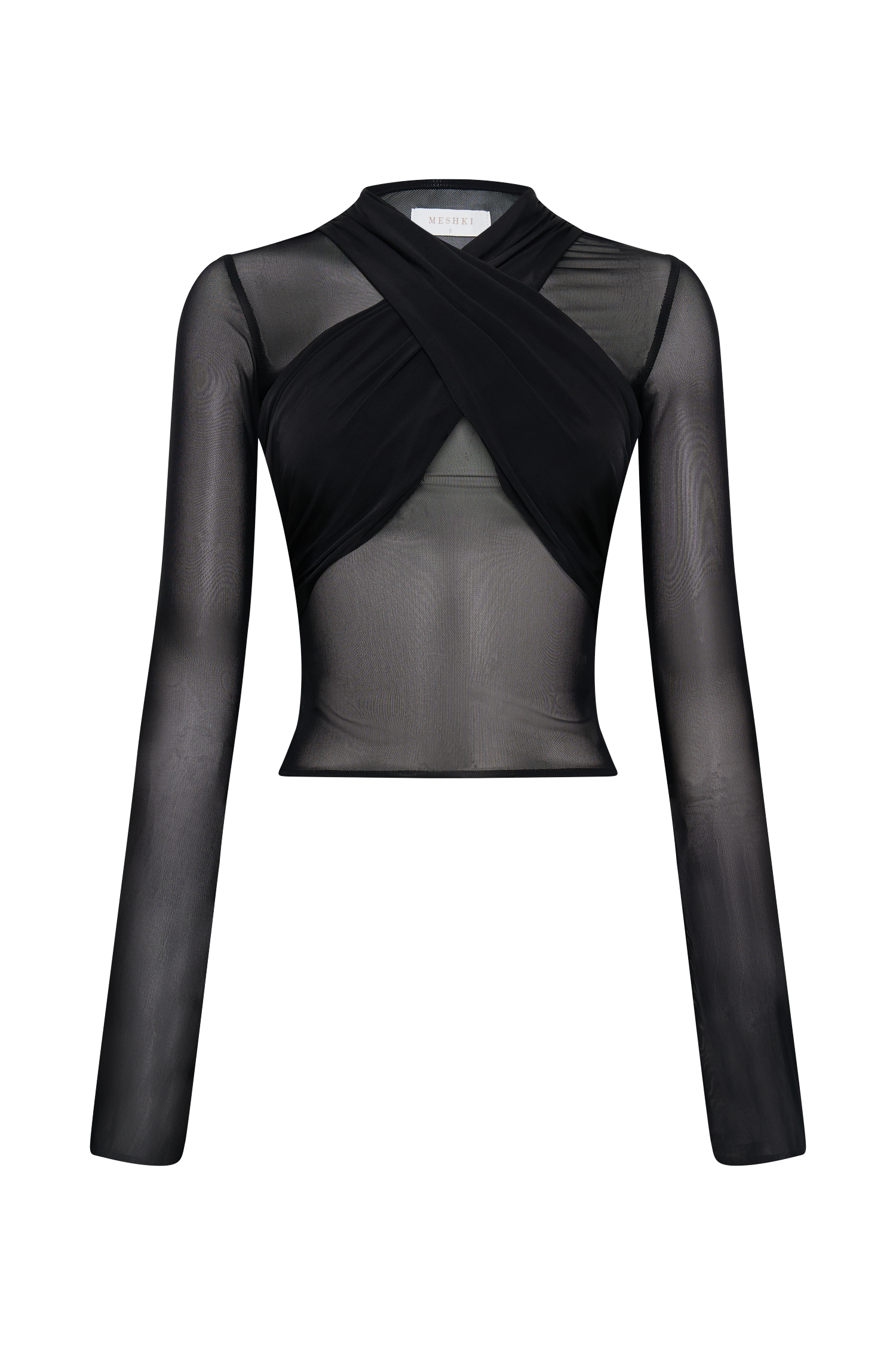 Mesh Long Sleeve Top with Jersey Halter | Tania Black