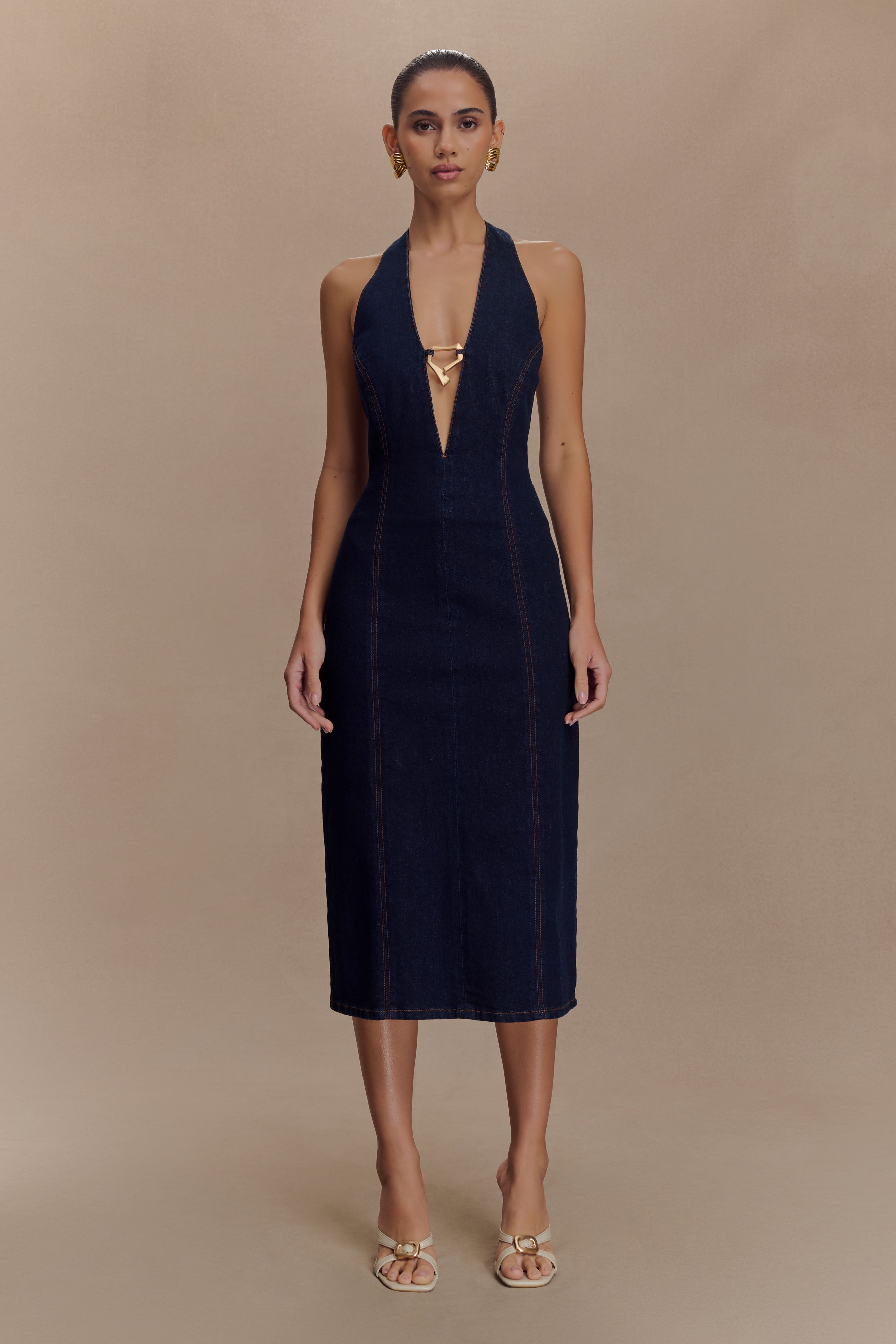 Denim Halter Midi Dress with Plunge Neckline & Gold Hardware | Shauna