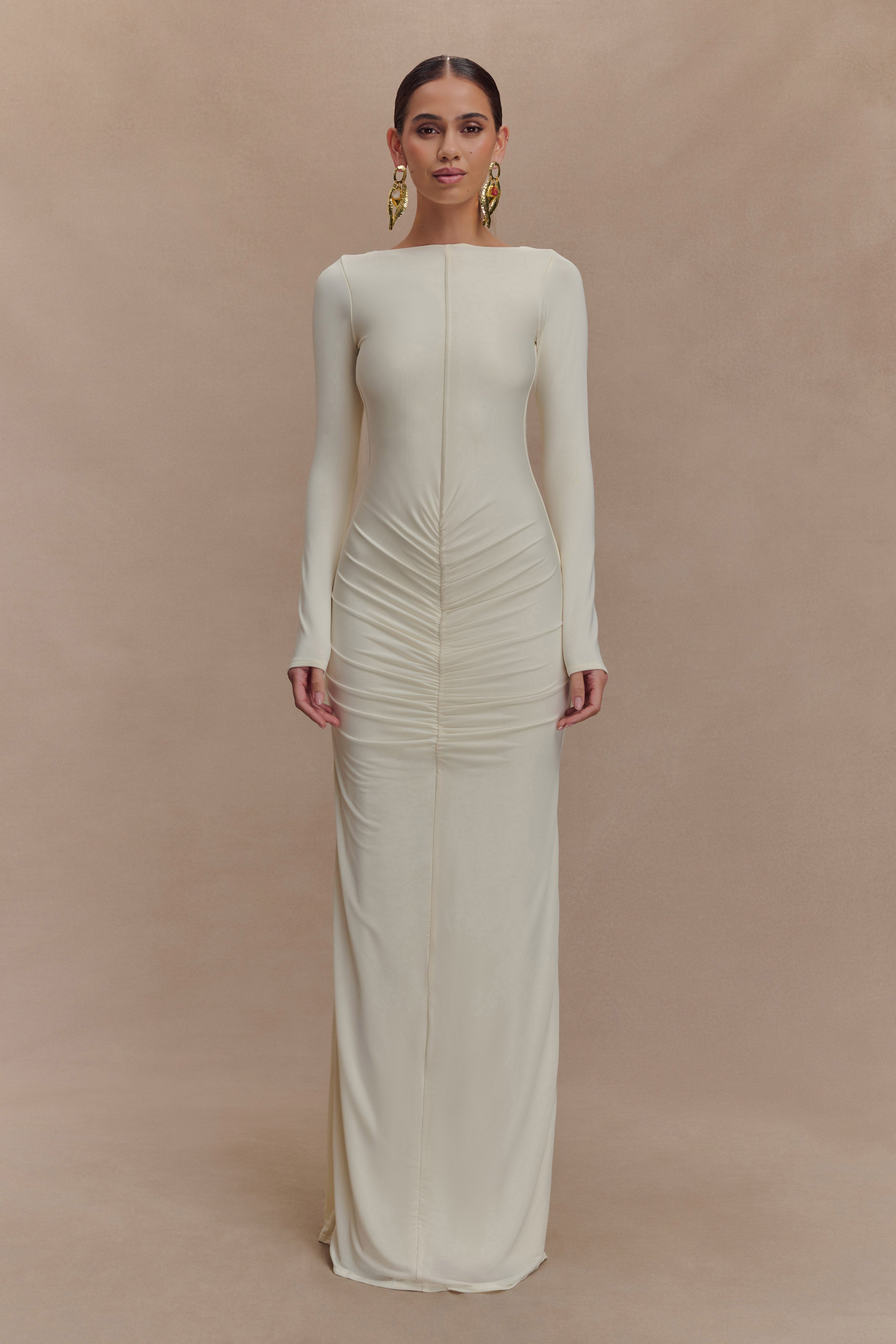 Long Sleeve Slinky Maxi Dress with Boat Neck & Low Back | Louisa