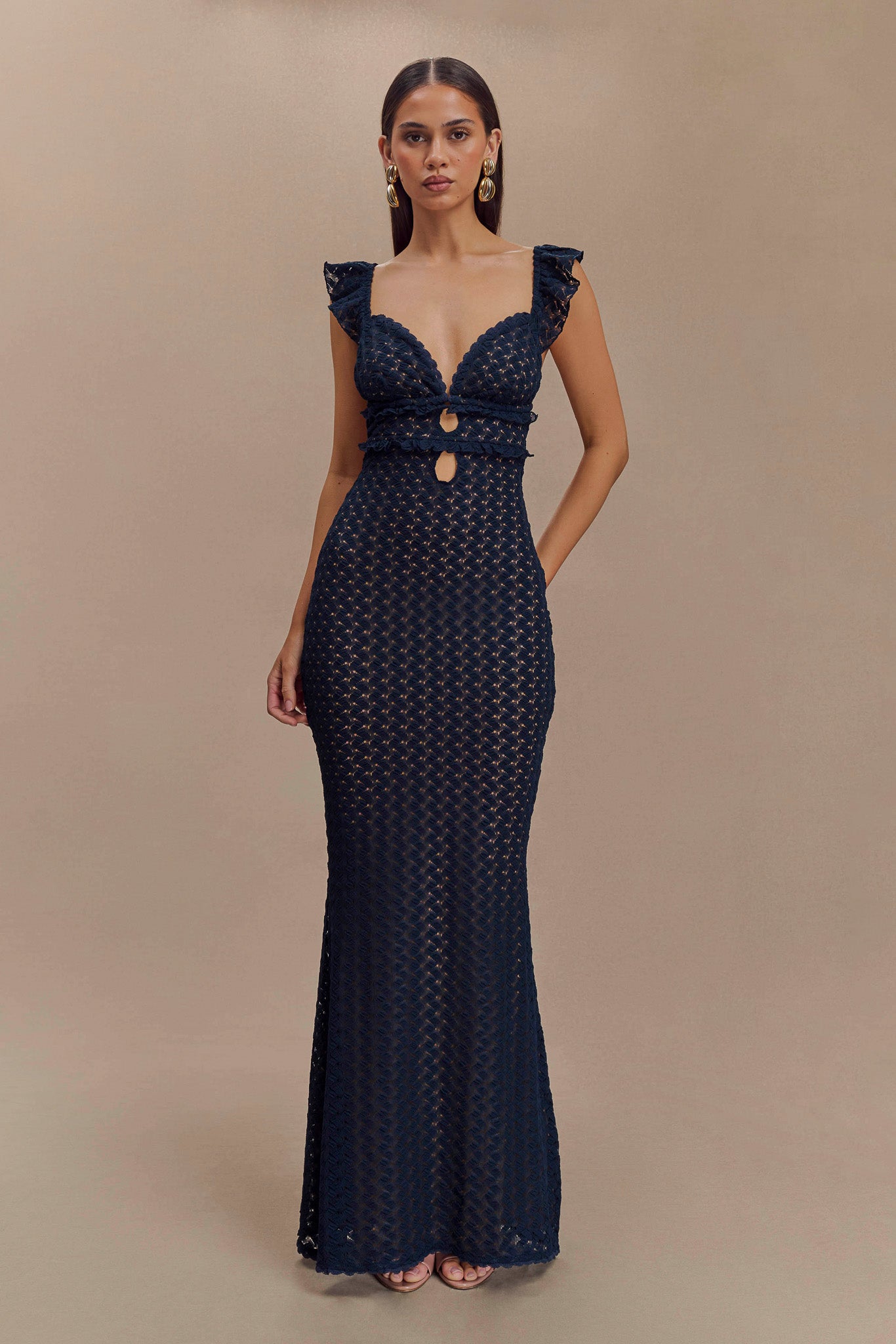 Flutter Sleeve Knit Maxi Dress with V Neckline | Ezra Navy
