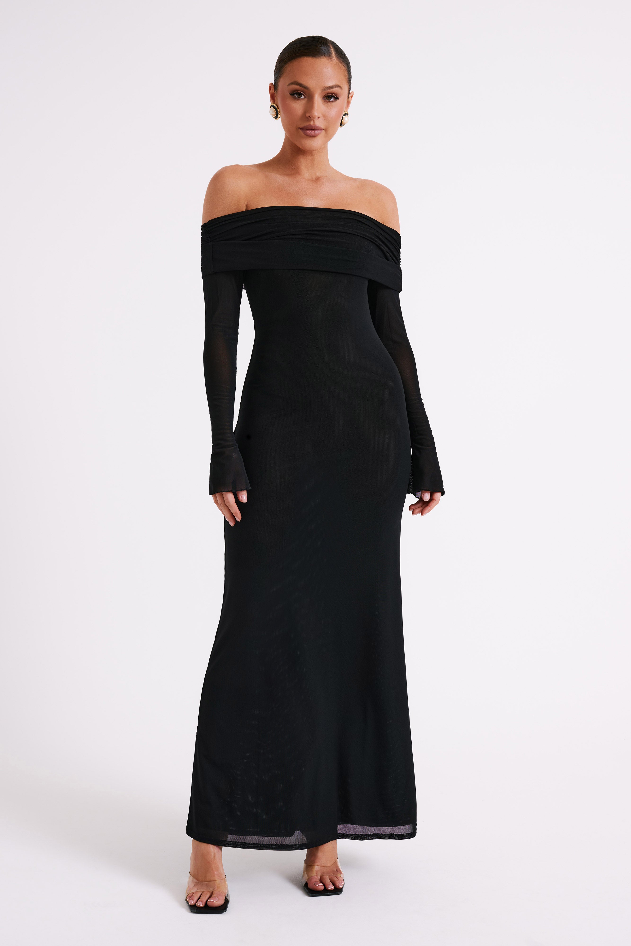 Off Shoulder Mesh Maxi Dress with Long Sleeves | Josie Black