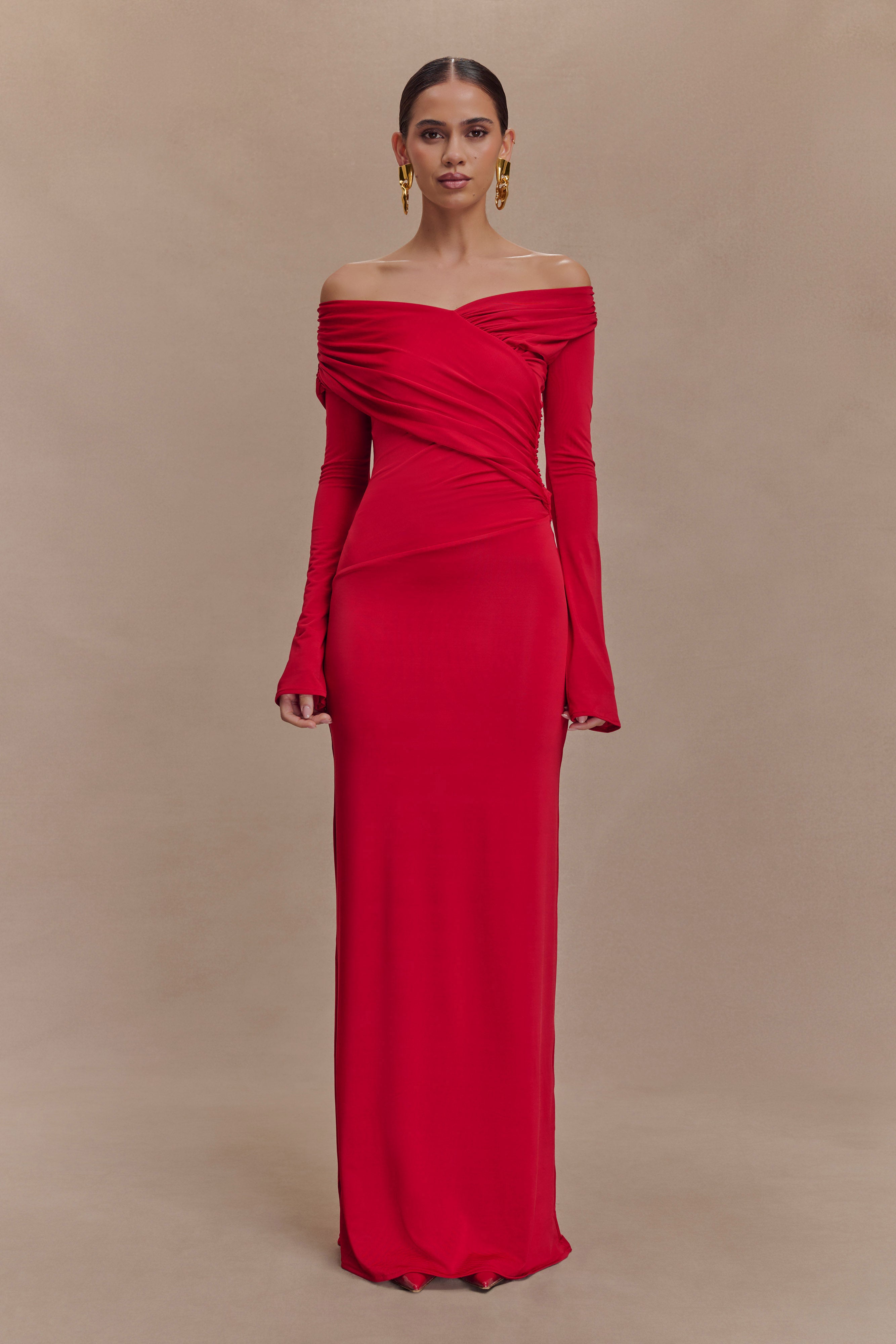 Off Shoulder Ruched Maxi Dress for Evening Events | Therese