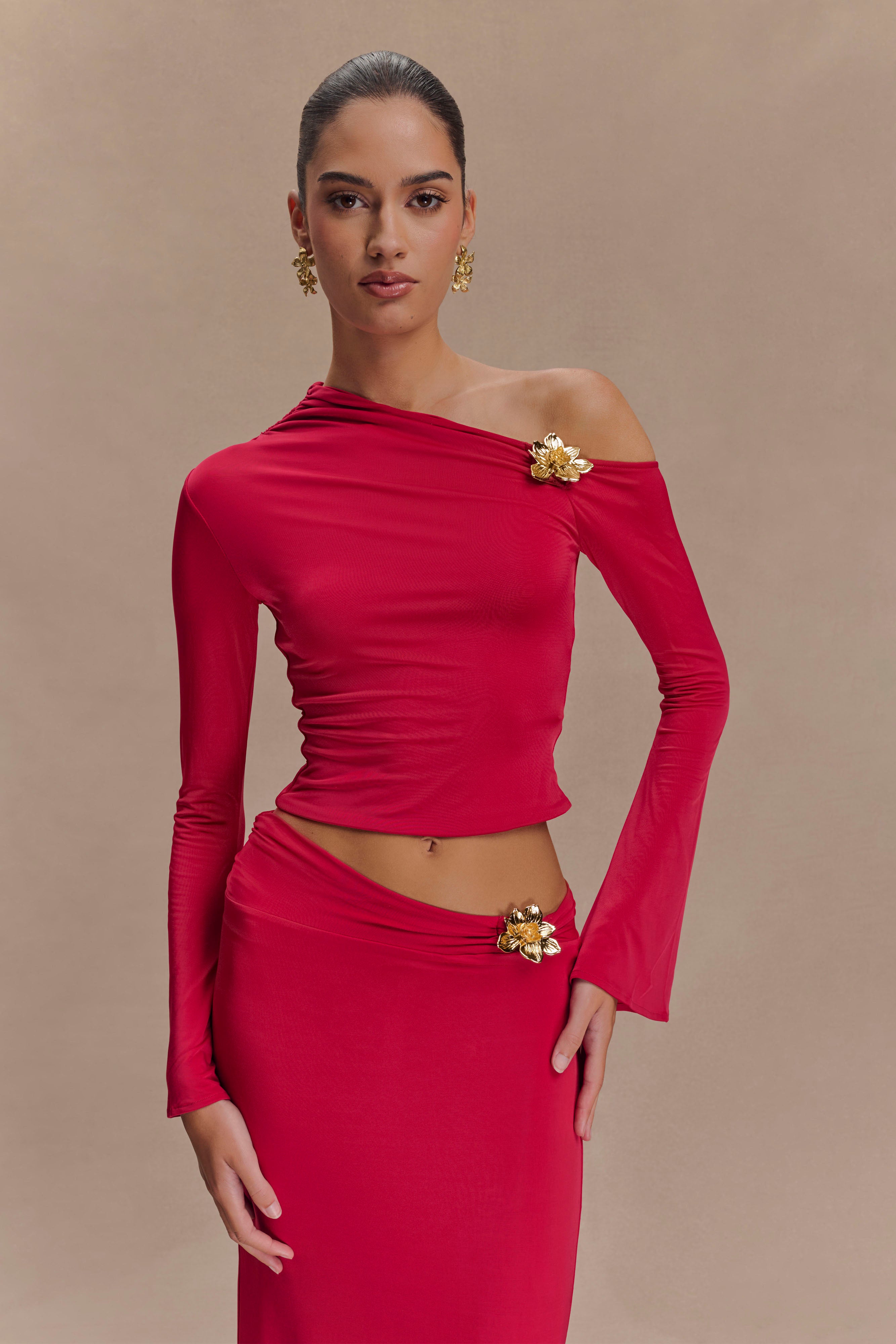 Floral Hardware Asymmetrical Top | Ainsley Long Sleeve Fuchsia