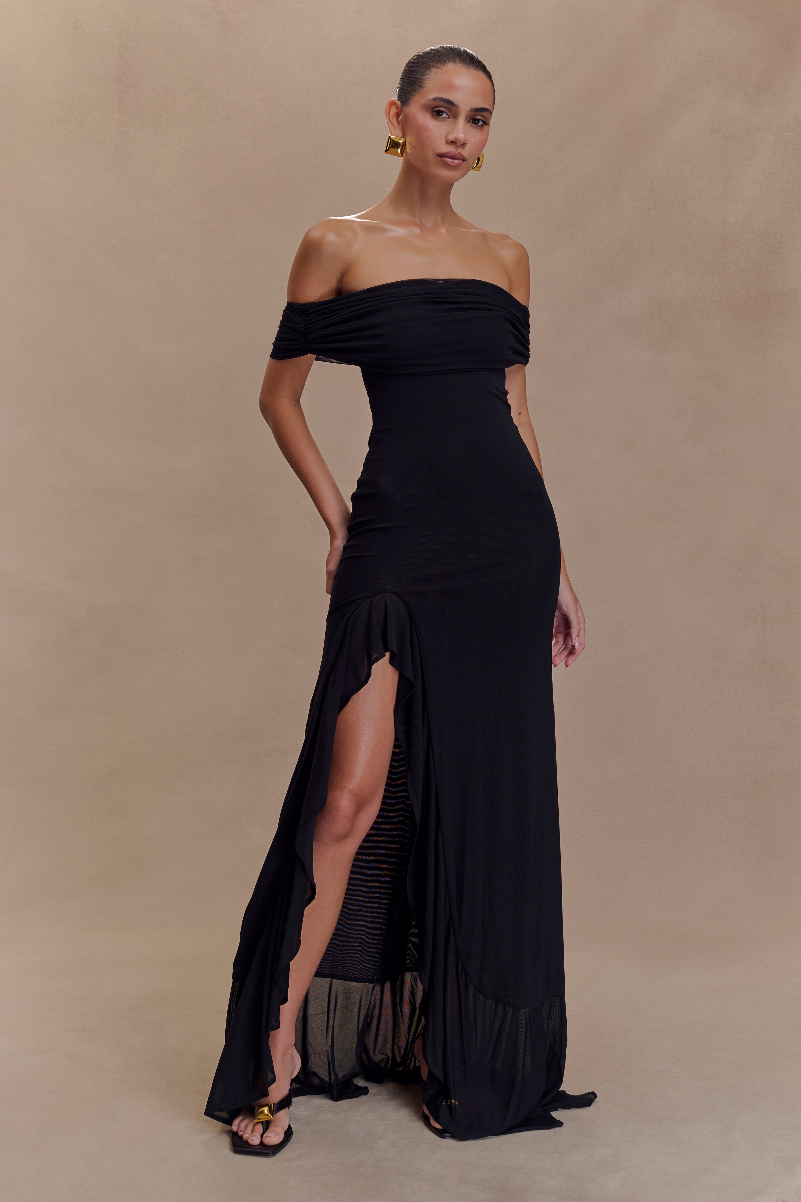 Off Shoulder Mesh Maxi Dress with Ruched Detail | Audrey Black