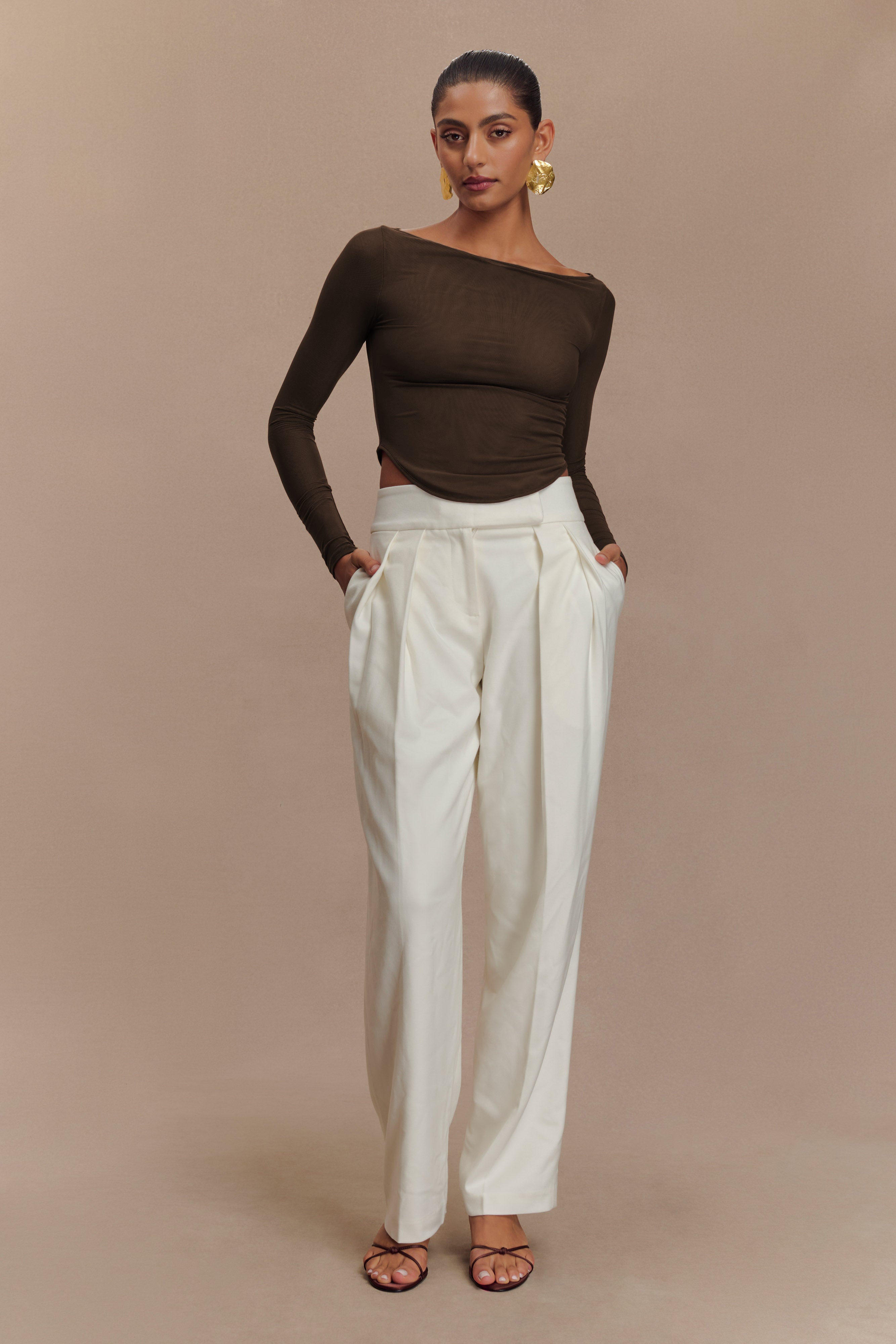 Boat Neck Mesh Top with Long Sleeves & Dolphin Hem | Colette