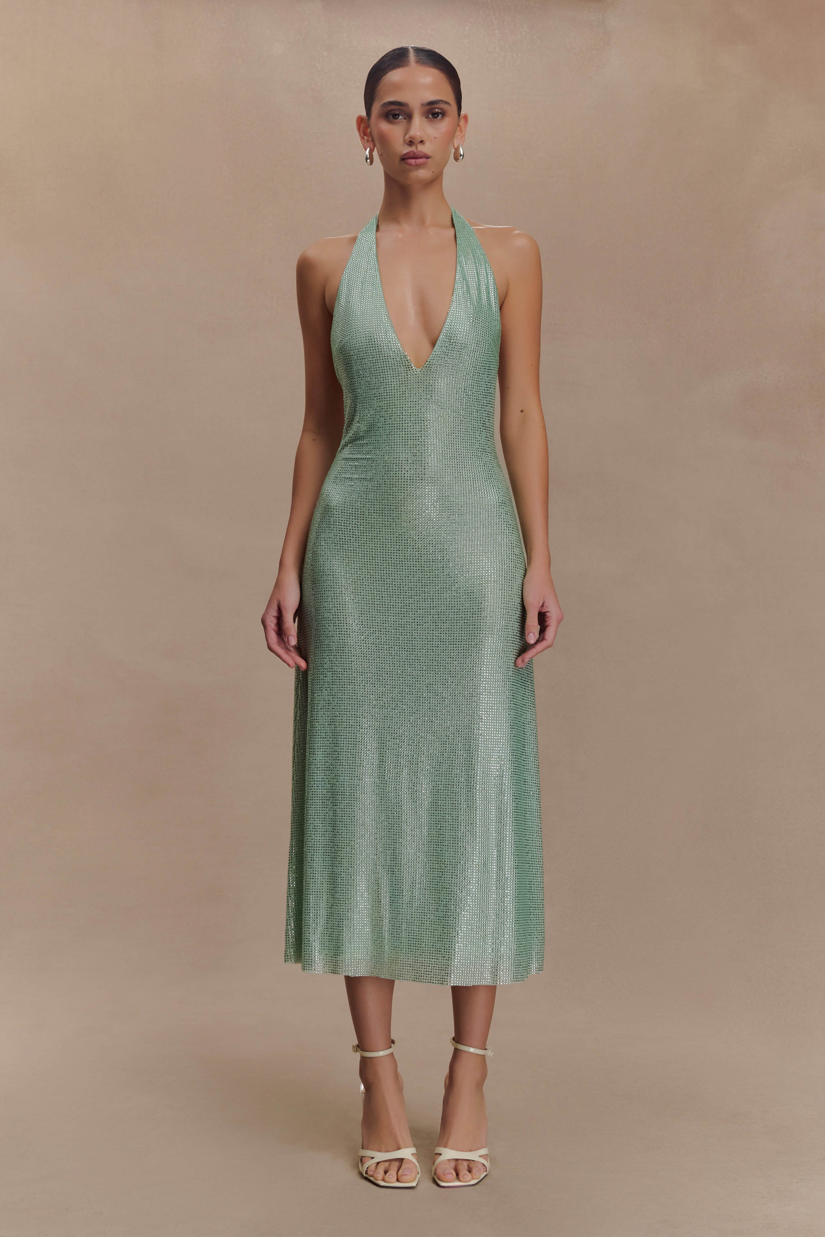 Diamante Halter Midi Dress for Evening Events | Genie