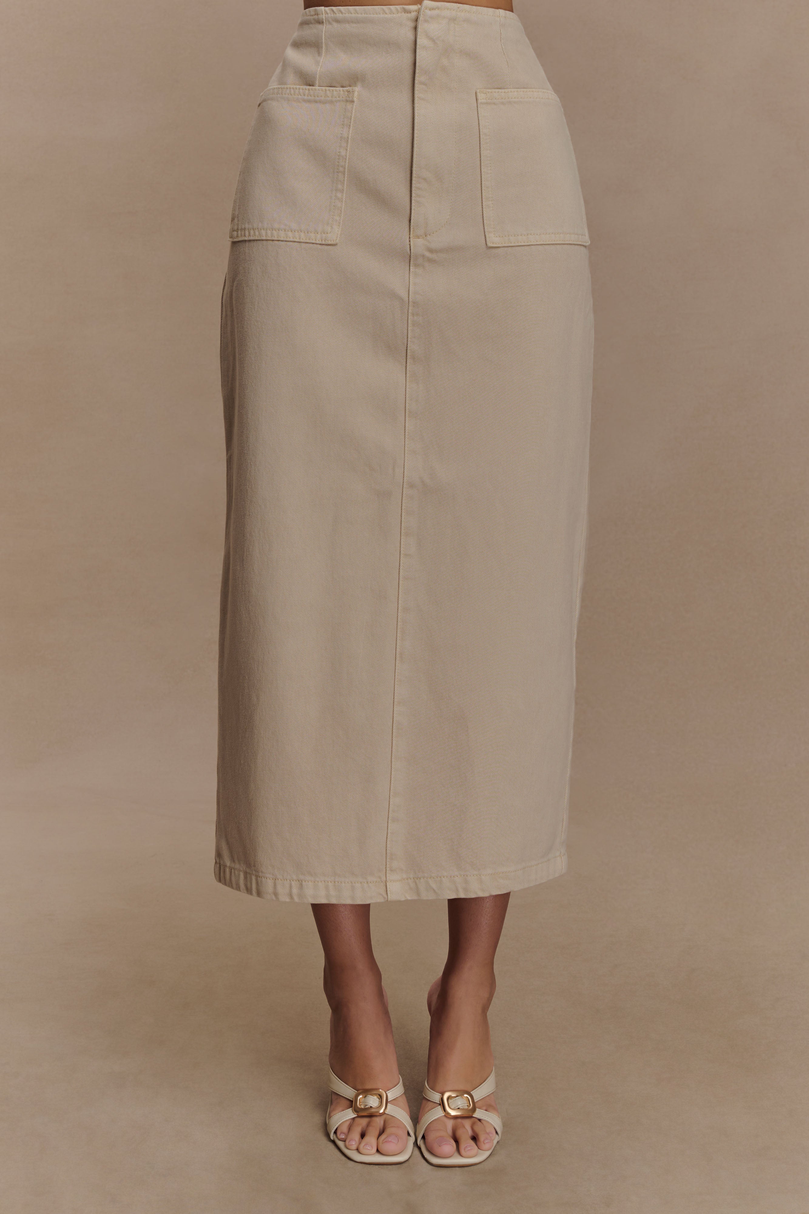 Stone Wash Denim Midi Skirt with Patch Pockets | Fallon