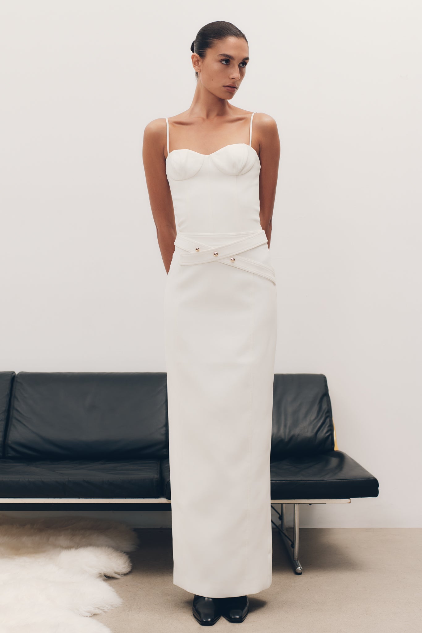 Elegant Ivory Maxi Skirt with Crossover Waistband | Angelie Suiting