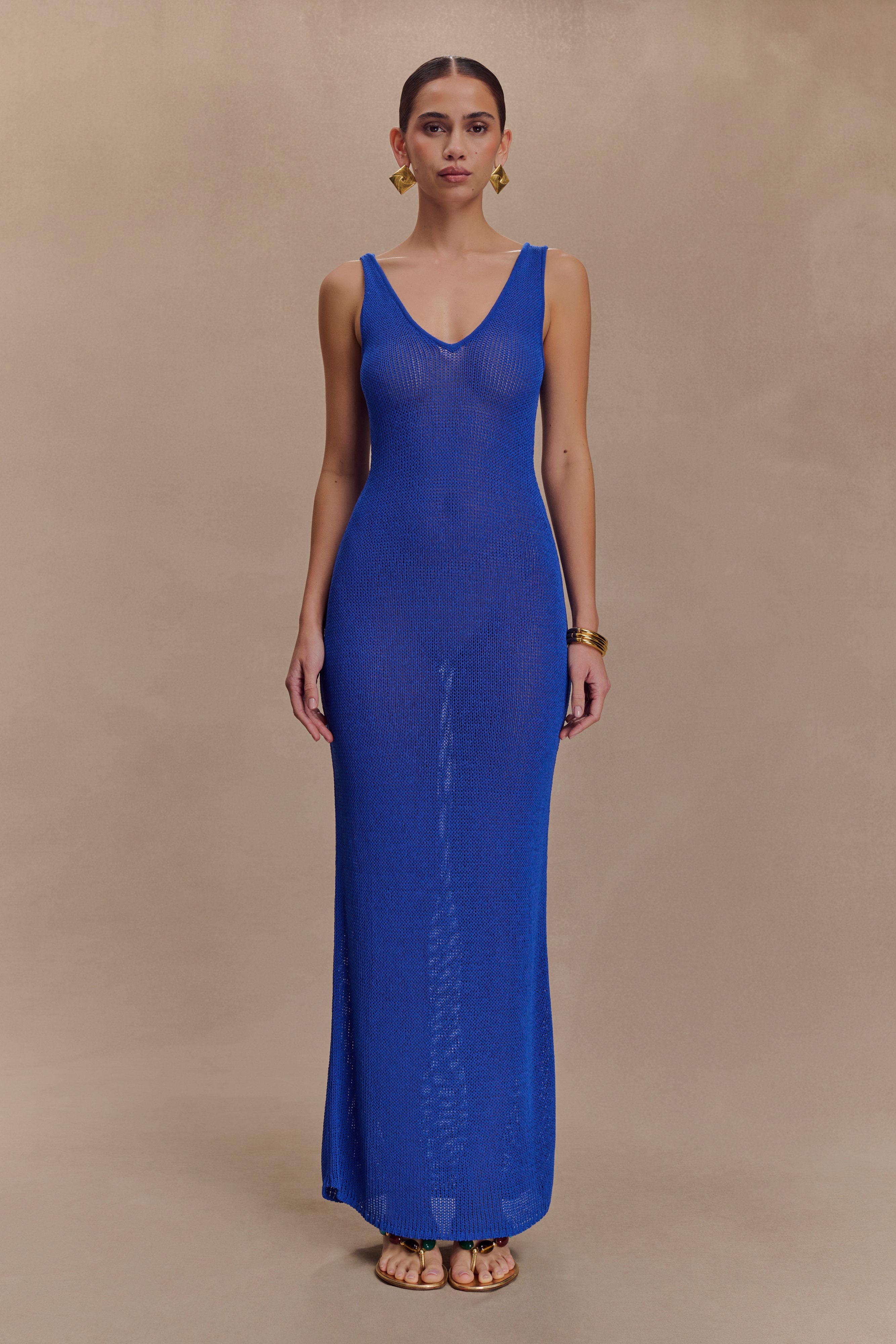 Tape Yarn Knit Maxi Dress - V Neck & Semi-Sheer | Ari Cobalt Blue