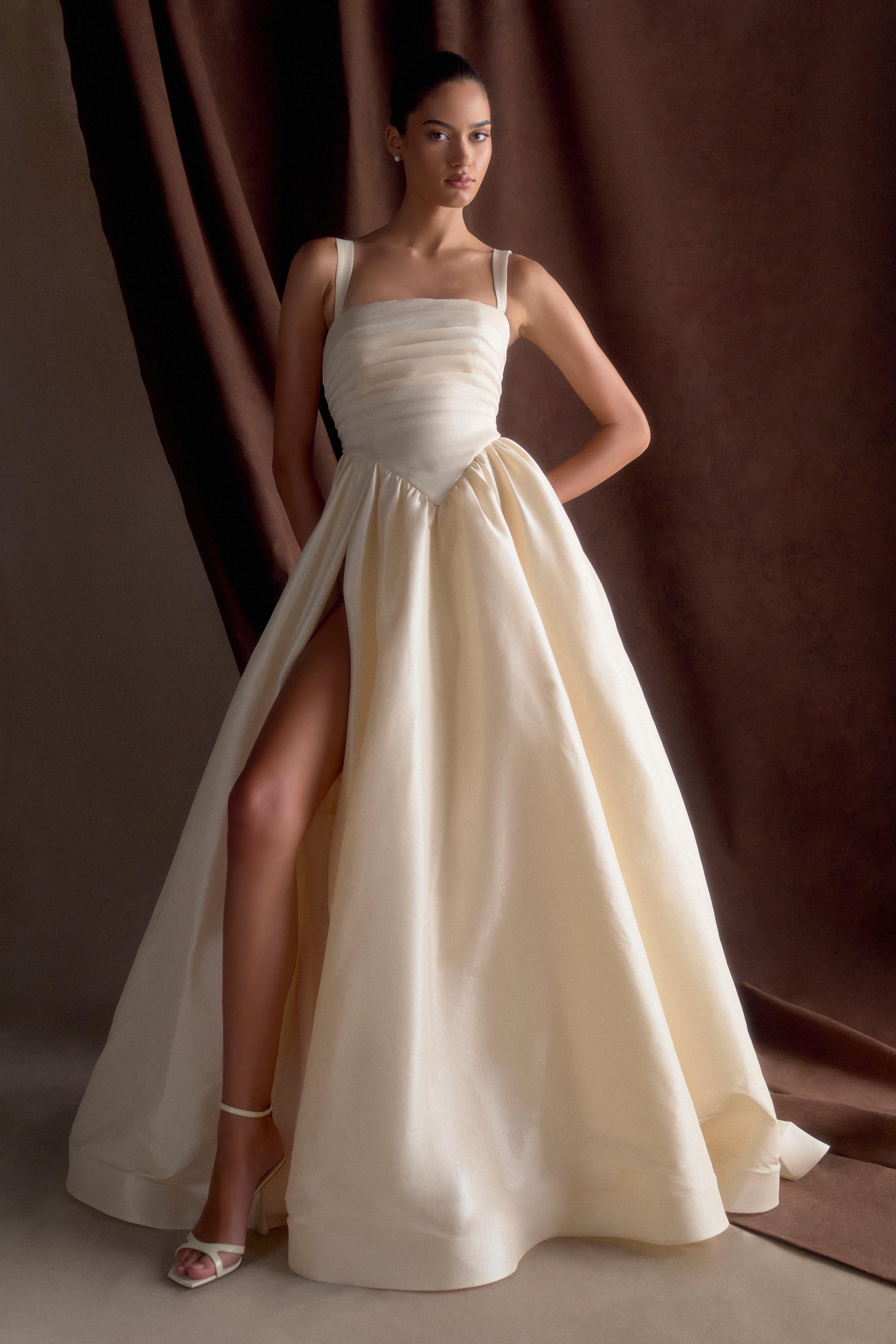 Elegant Ruched Wedding Gown with Train & Leg Split | Carla Cream Ivory
