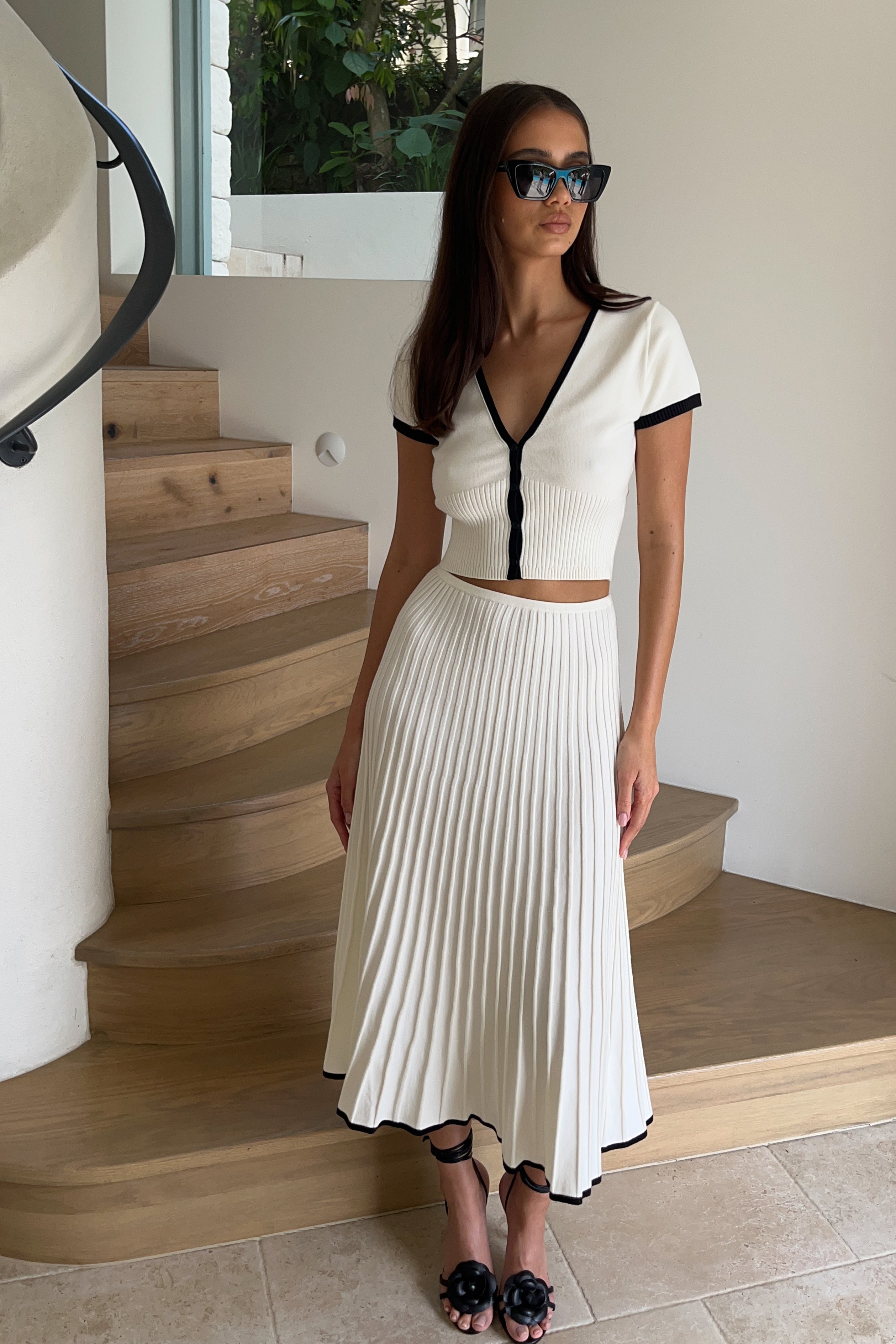 White Contrast Rib Knit Midi Skirt with Flared Hem | Jolene