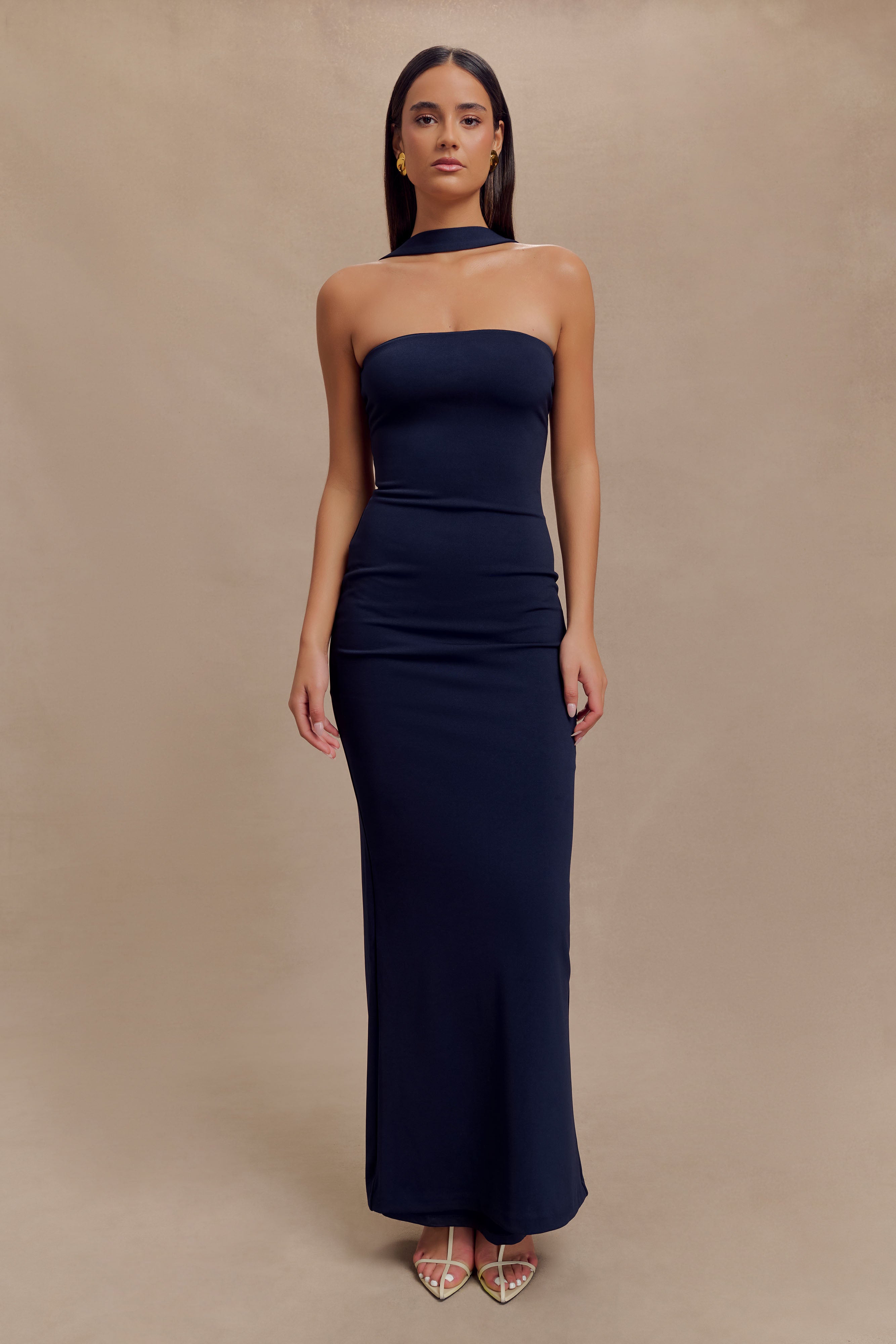 Elegant Halter Collar Maxi Dress with Back Vent | Velma Dark Navy
