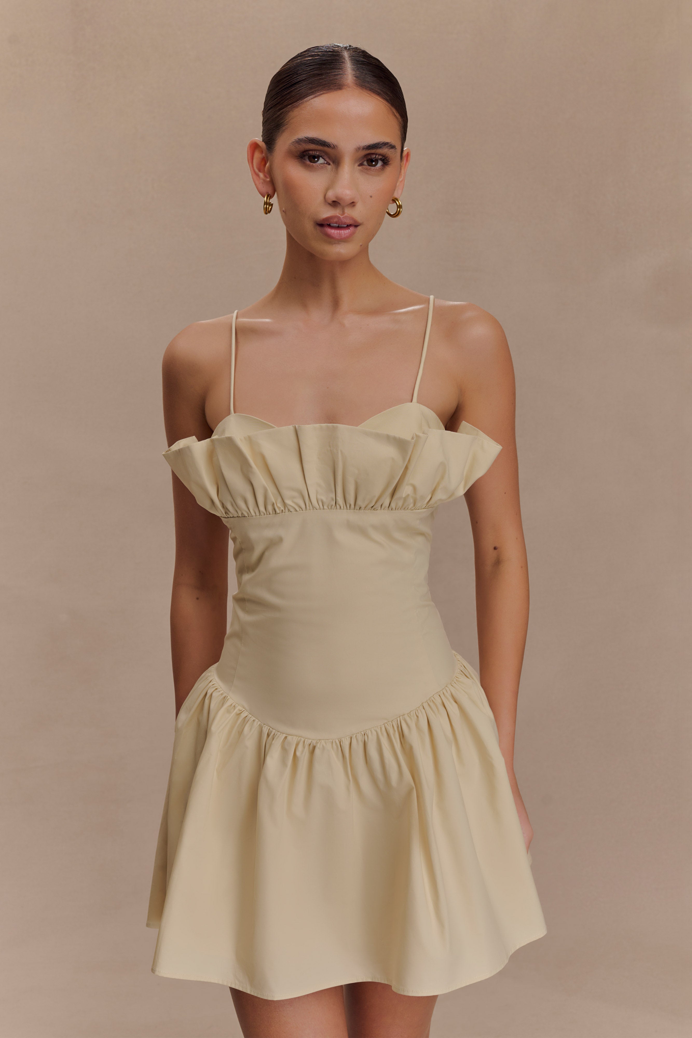 Frill Neckline Cotton Mini Dress for Summer | Janis Nude