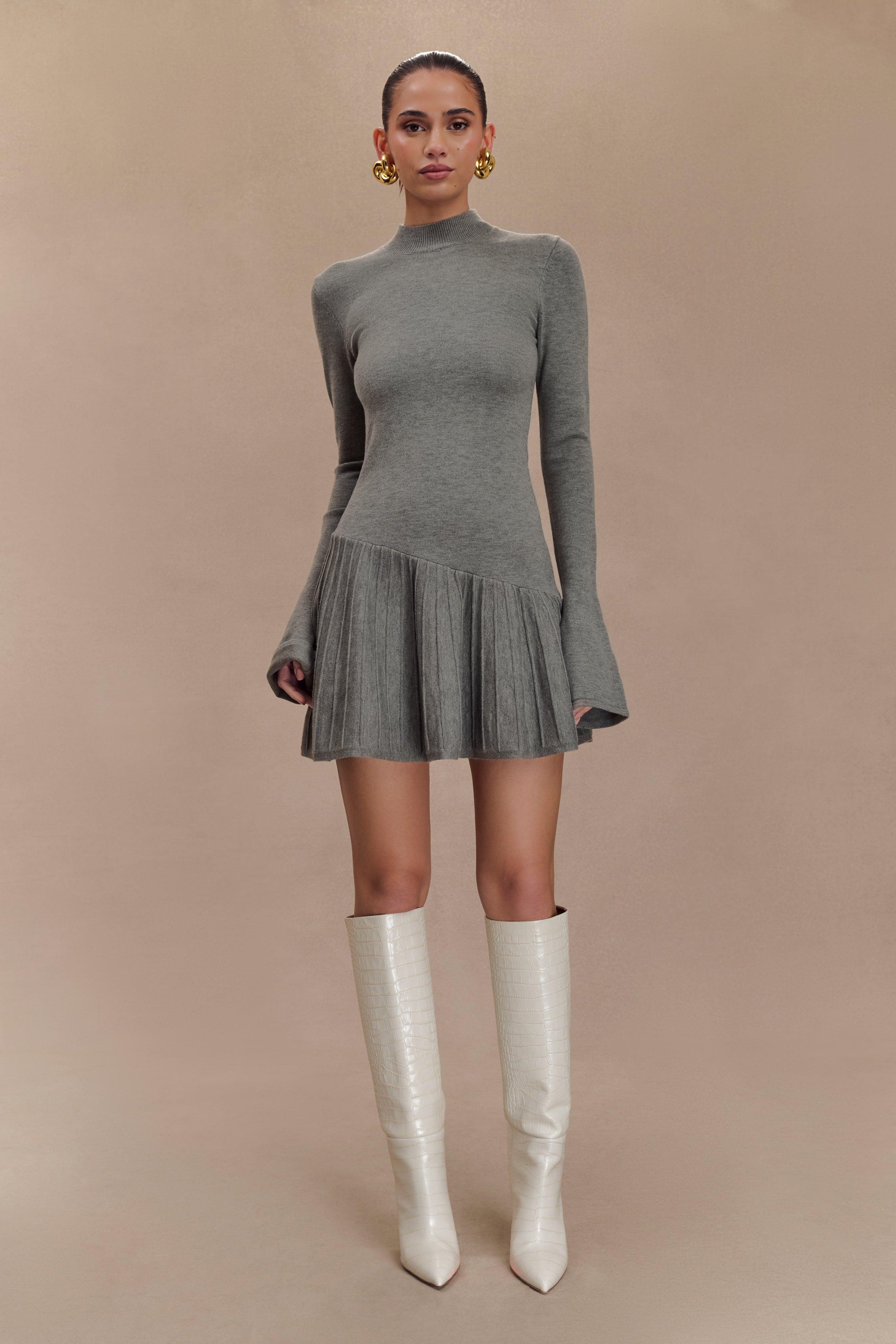 Pleated Knit Mini Dress with High Neck & Long Sleeves | Blair