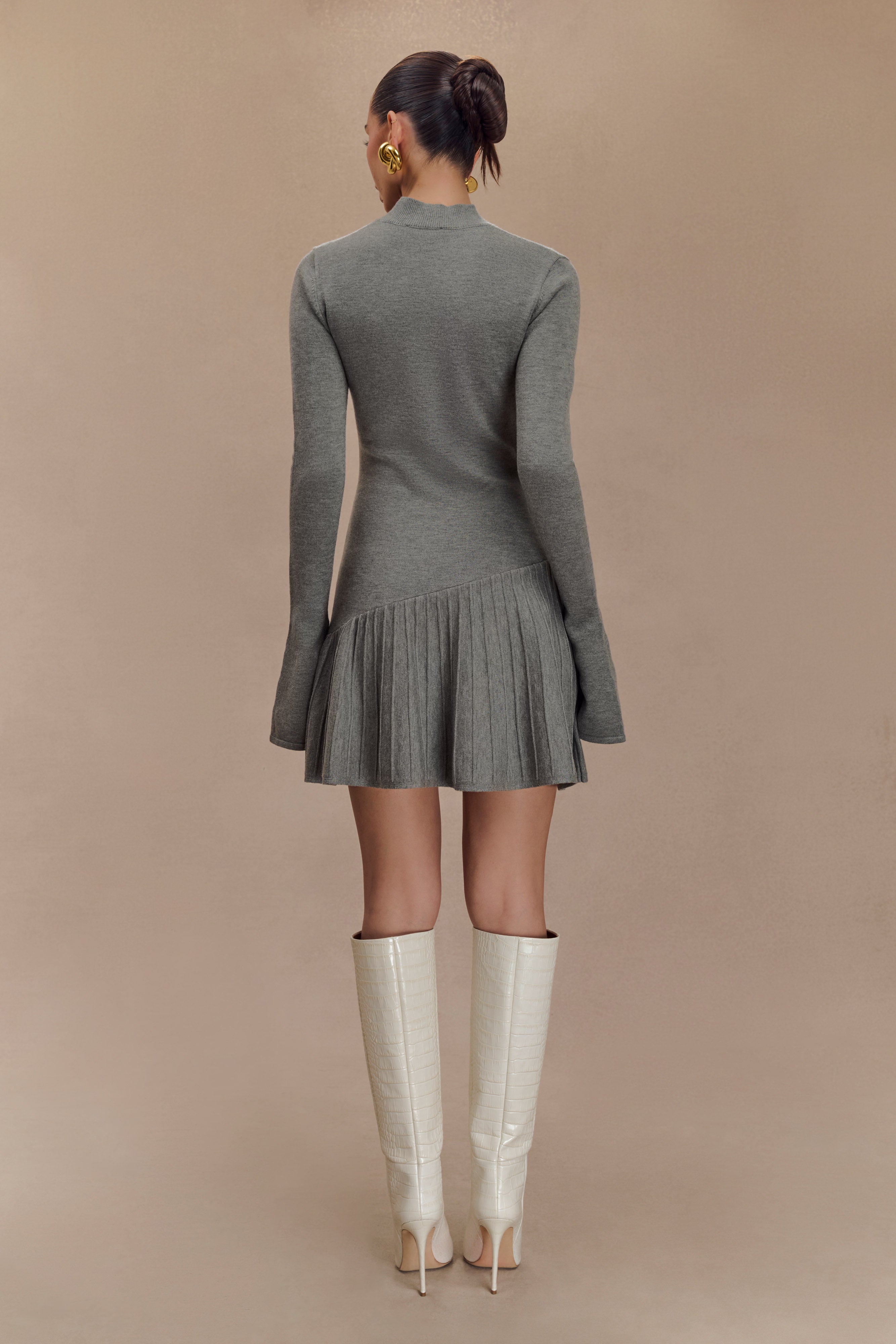 Pleated Knit Mini Dress with High Neck & Long Sleeves | Blair