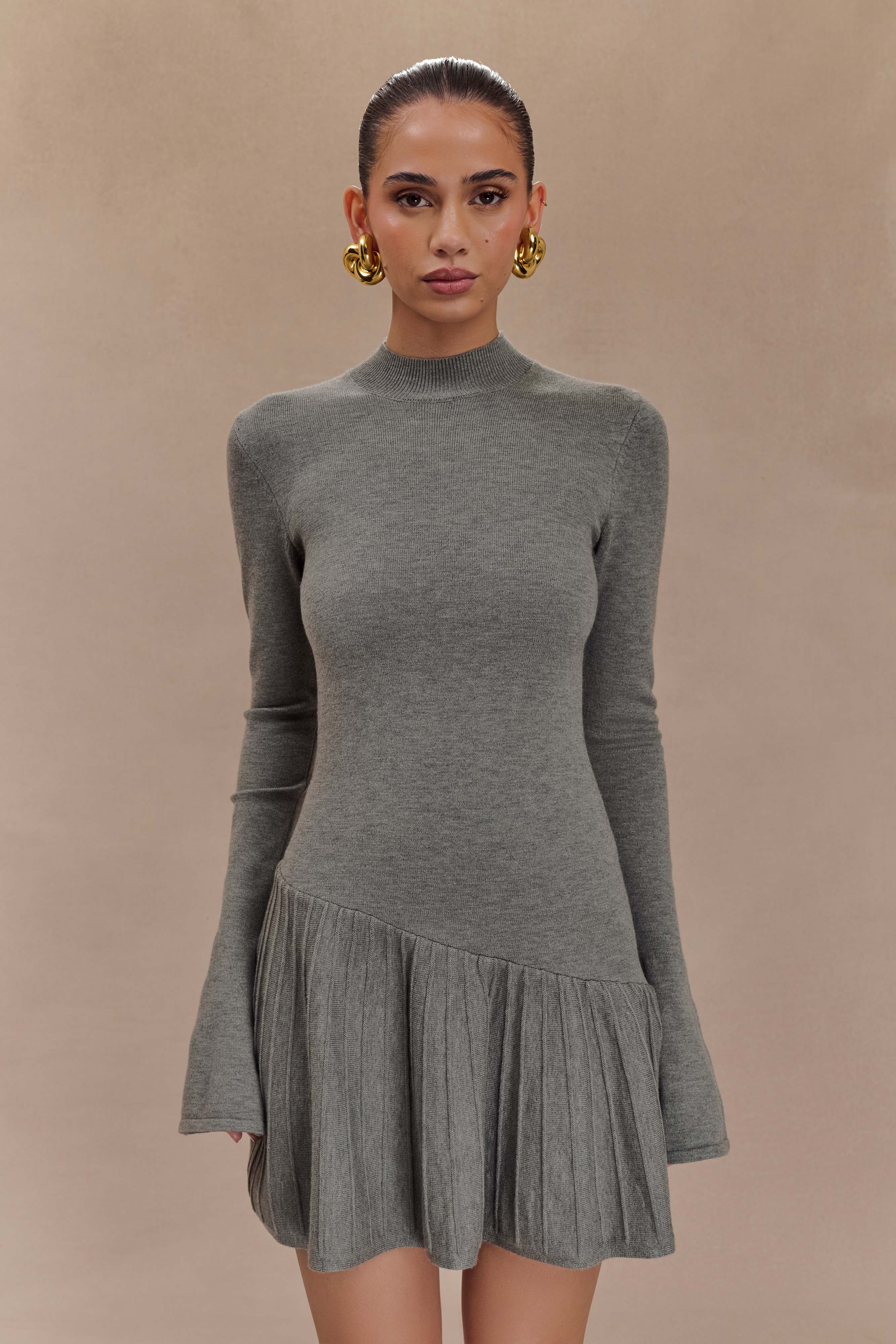 Pleated Knit Mini Dress with High Neck & Long Sleeves | Blair