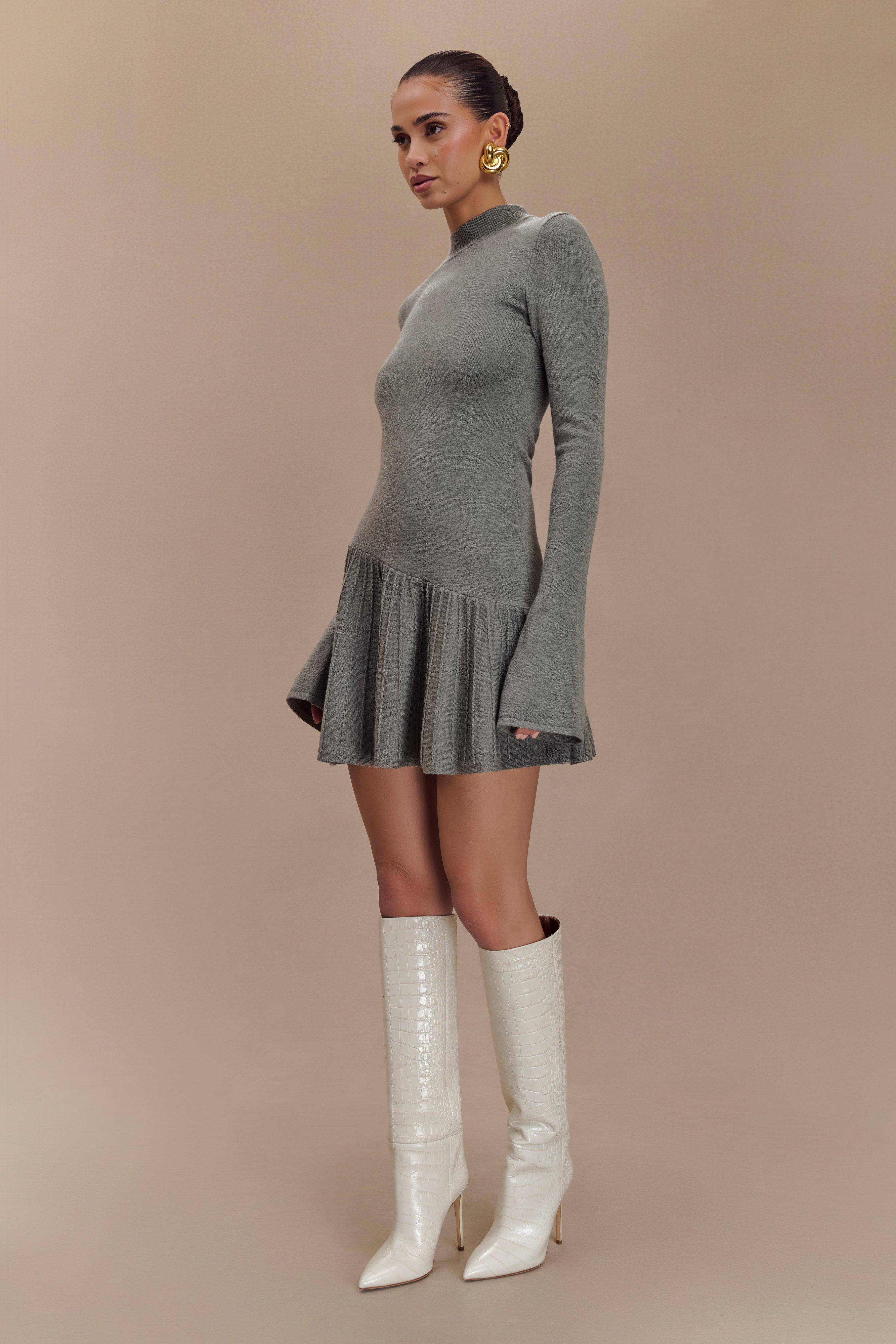 Pleated Knit Mini Dress with High Neck & Long Sleeves | Blair