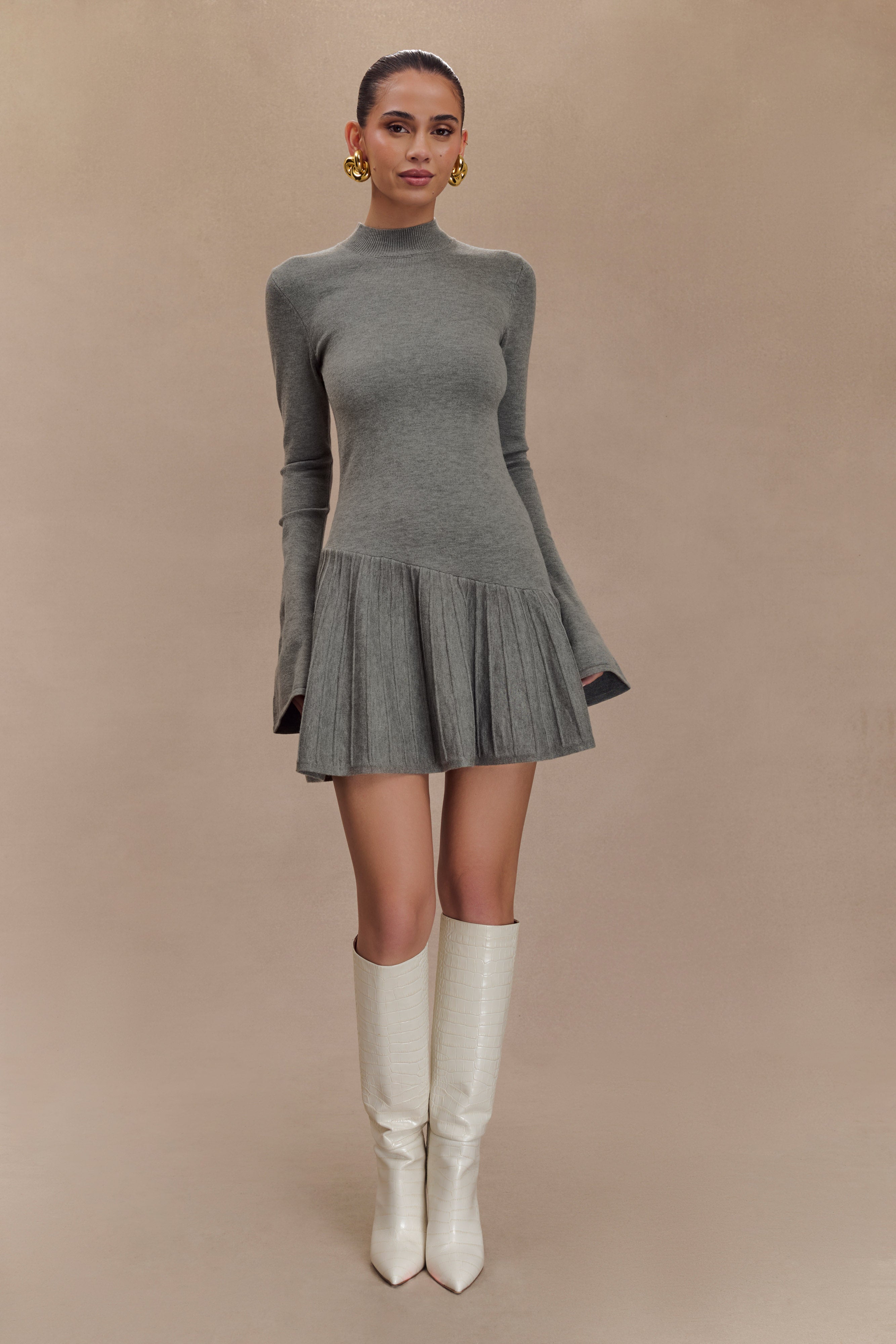 Pleated Knit Mini Dress with High Neck & Long Sleeves | Blair