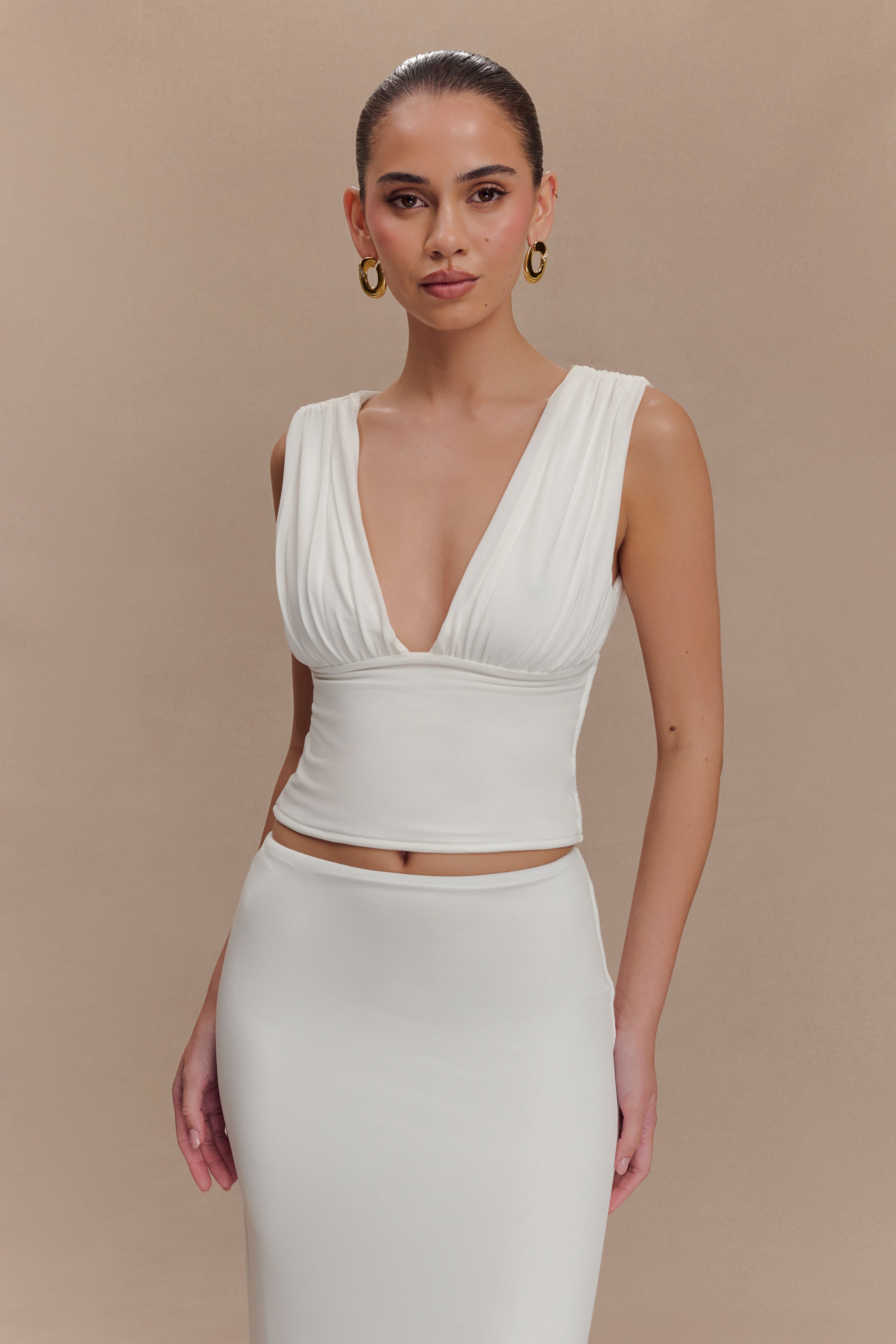 Ruched Sleeveless Top with V Neckline | Kerrigan White