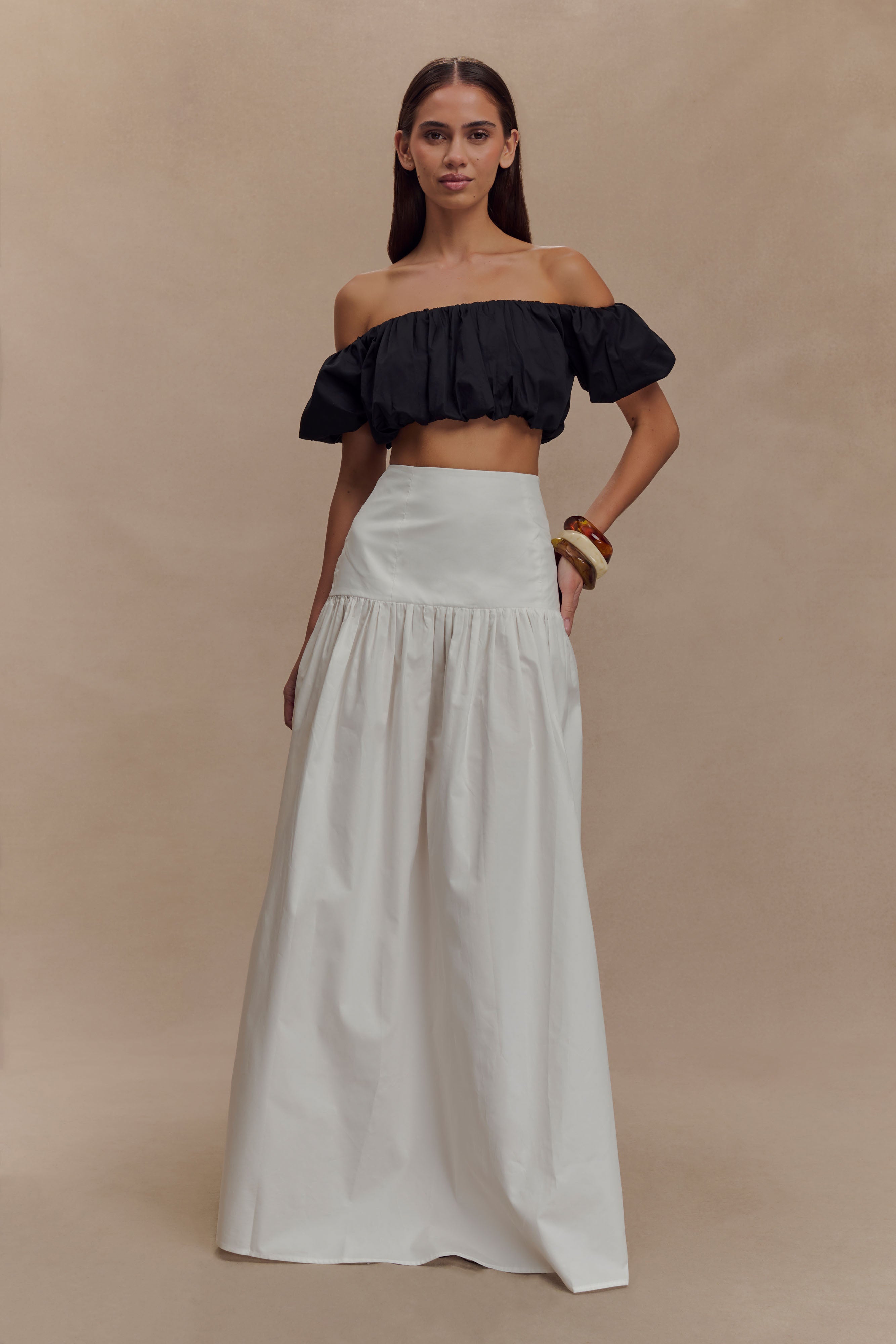 White Maxi Skirt with Fitted Drop Waist & Side Zip | Autumn