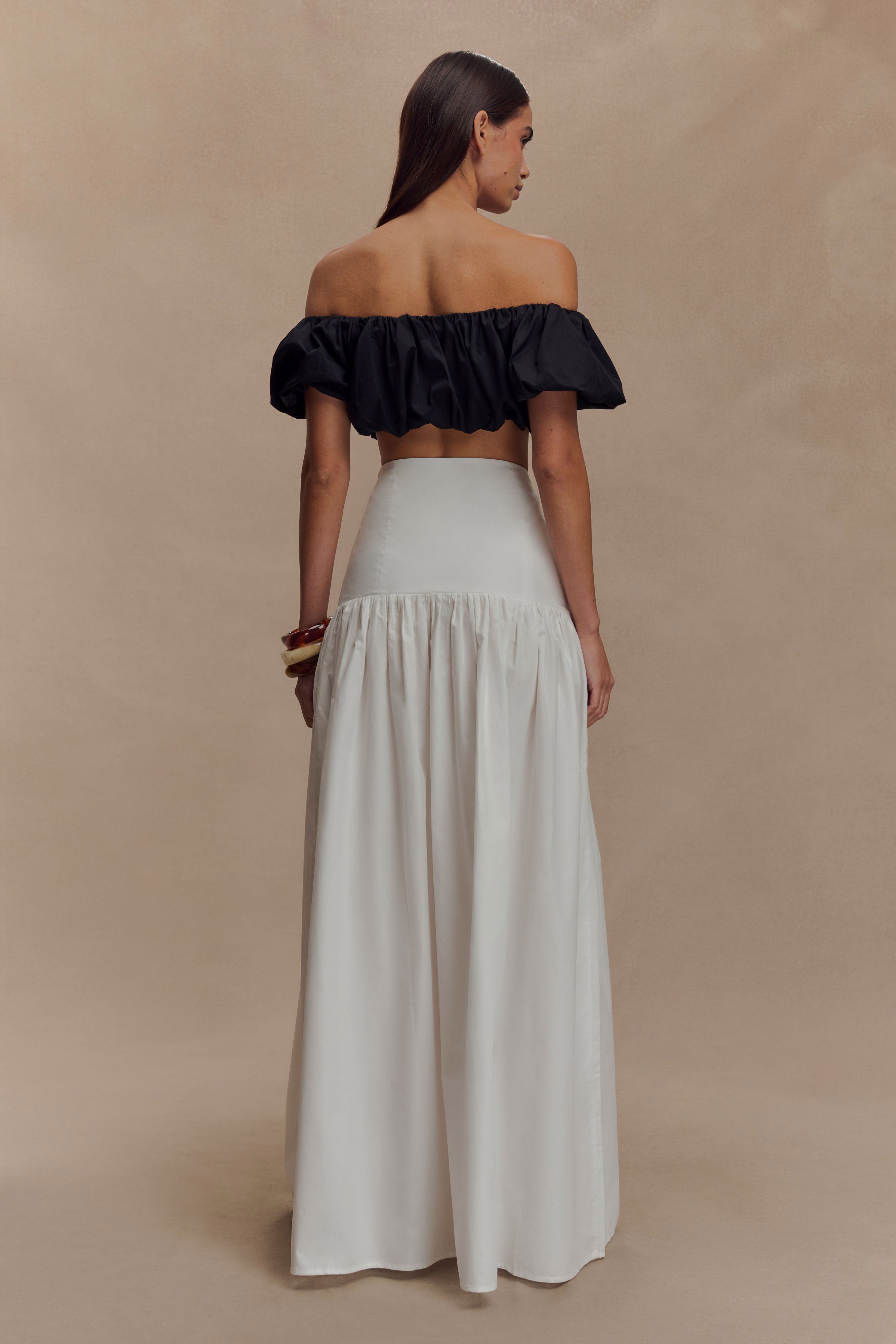 White Maxi Skirt with Fitted Drop Waist & Side Zip | Autumn