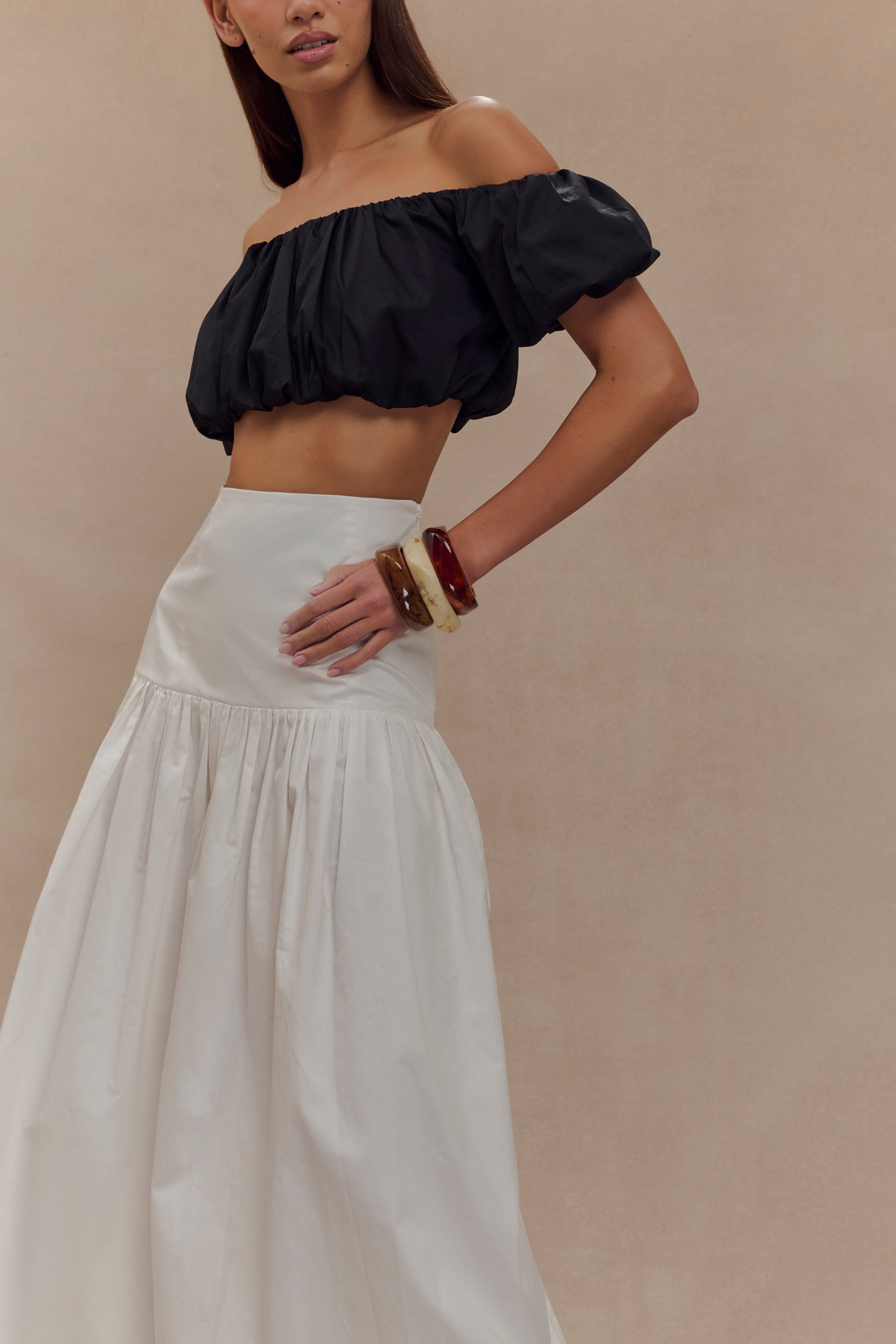 White Maxi Skirt with Fitted Drop Waist & Side Zip | Autumn