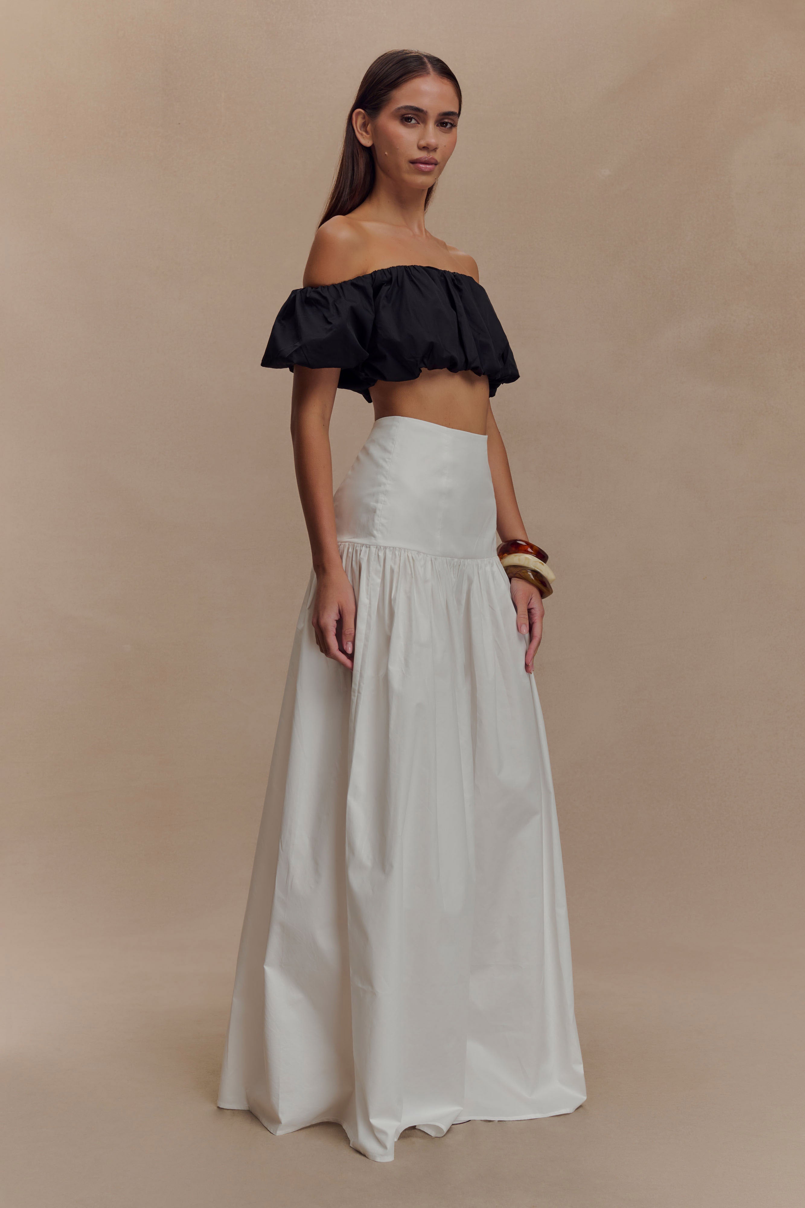 White Maxi Skirt with Fitted Drop Waist & Side Zip | Autumn