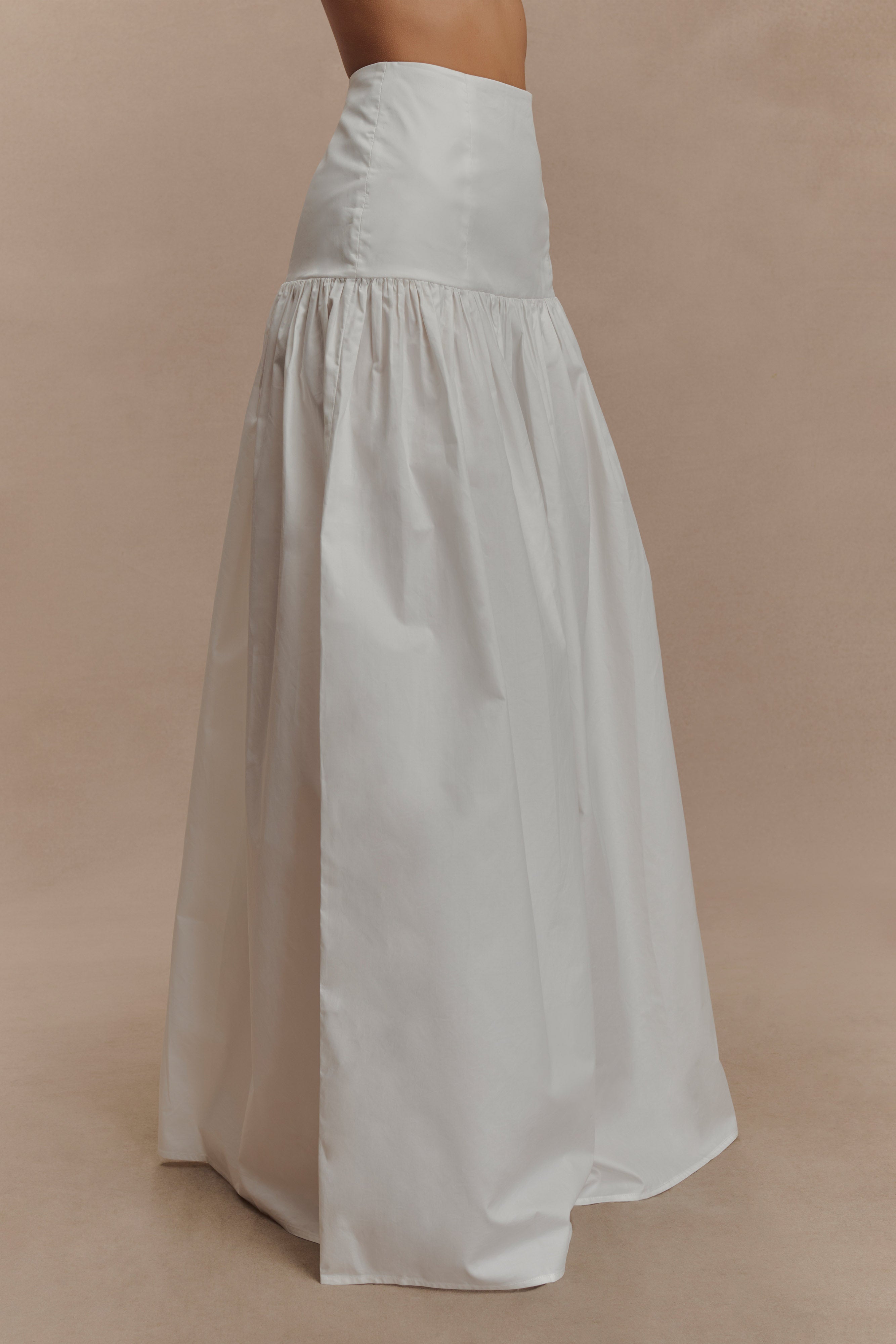 White Maxi Skirt with Fitted Drop Waist & Side Zip | Autumn