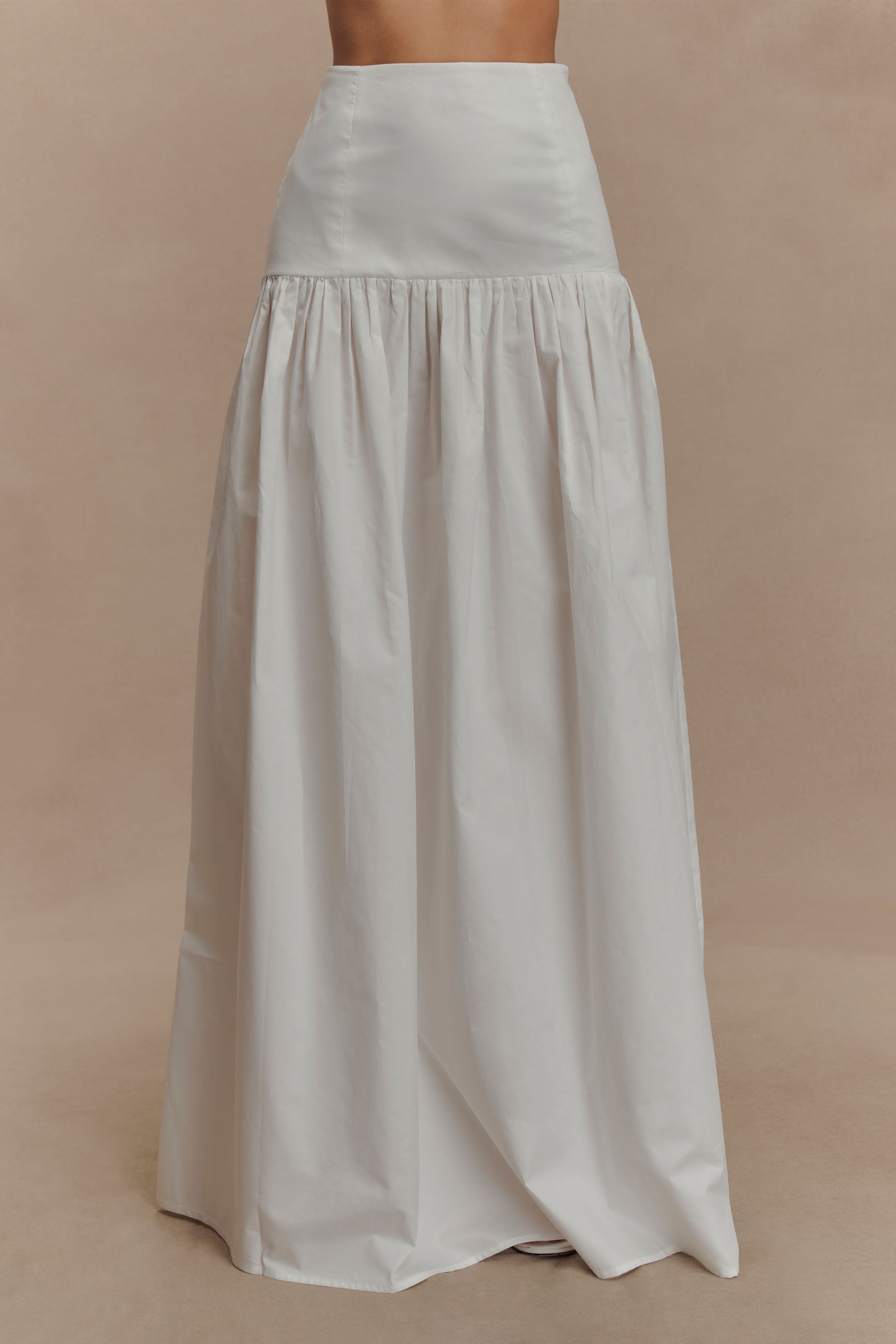 White Maxi Skirt with Fitted Drop Waist & Side Zip | Autumn