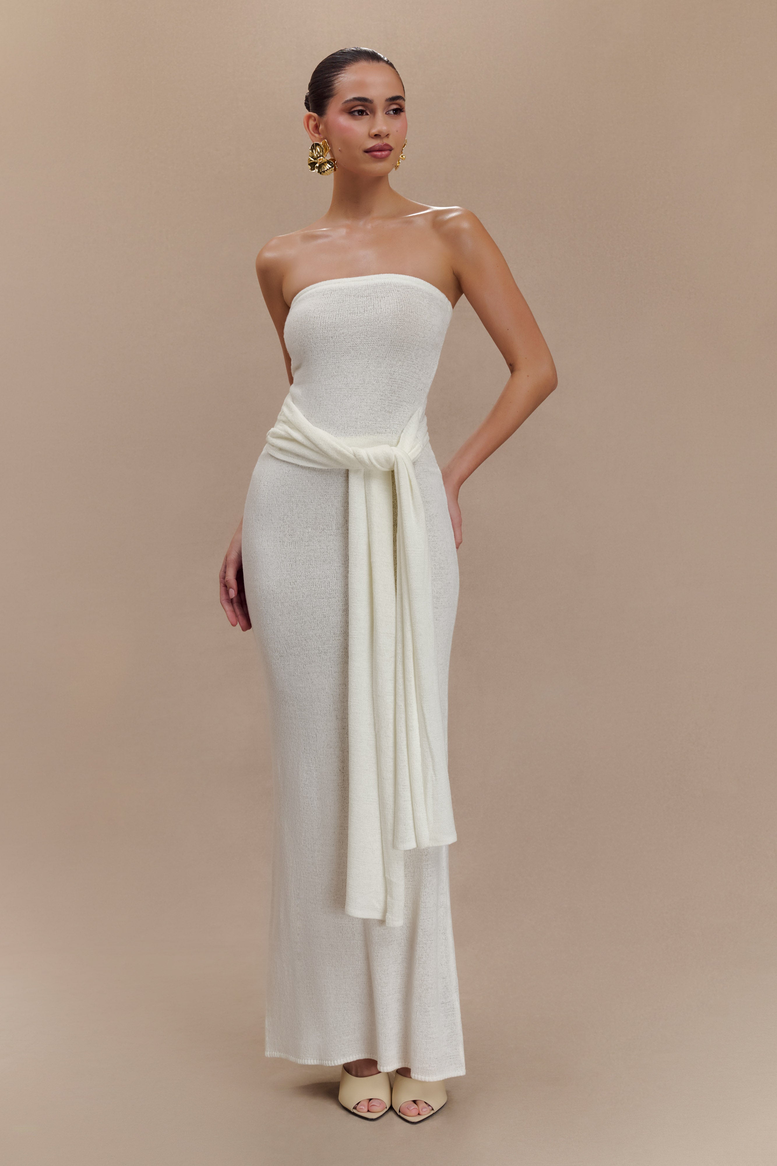 Strapless Tie Knit Top with Elastic Bust | Phoebe Ivory