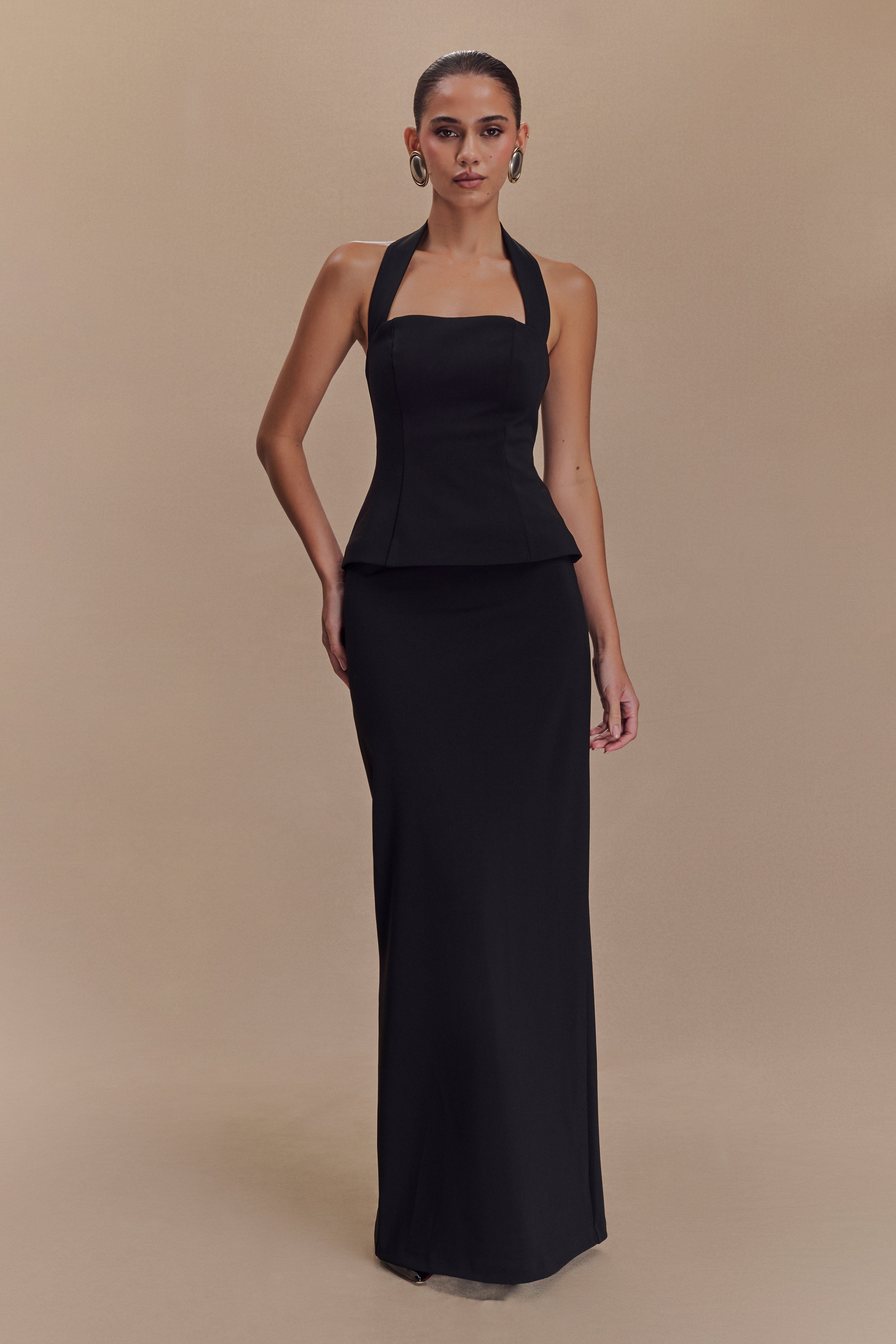 Black Peplum Halter Maxi Dress for Evening & Special Occasions | Bertie