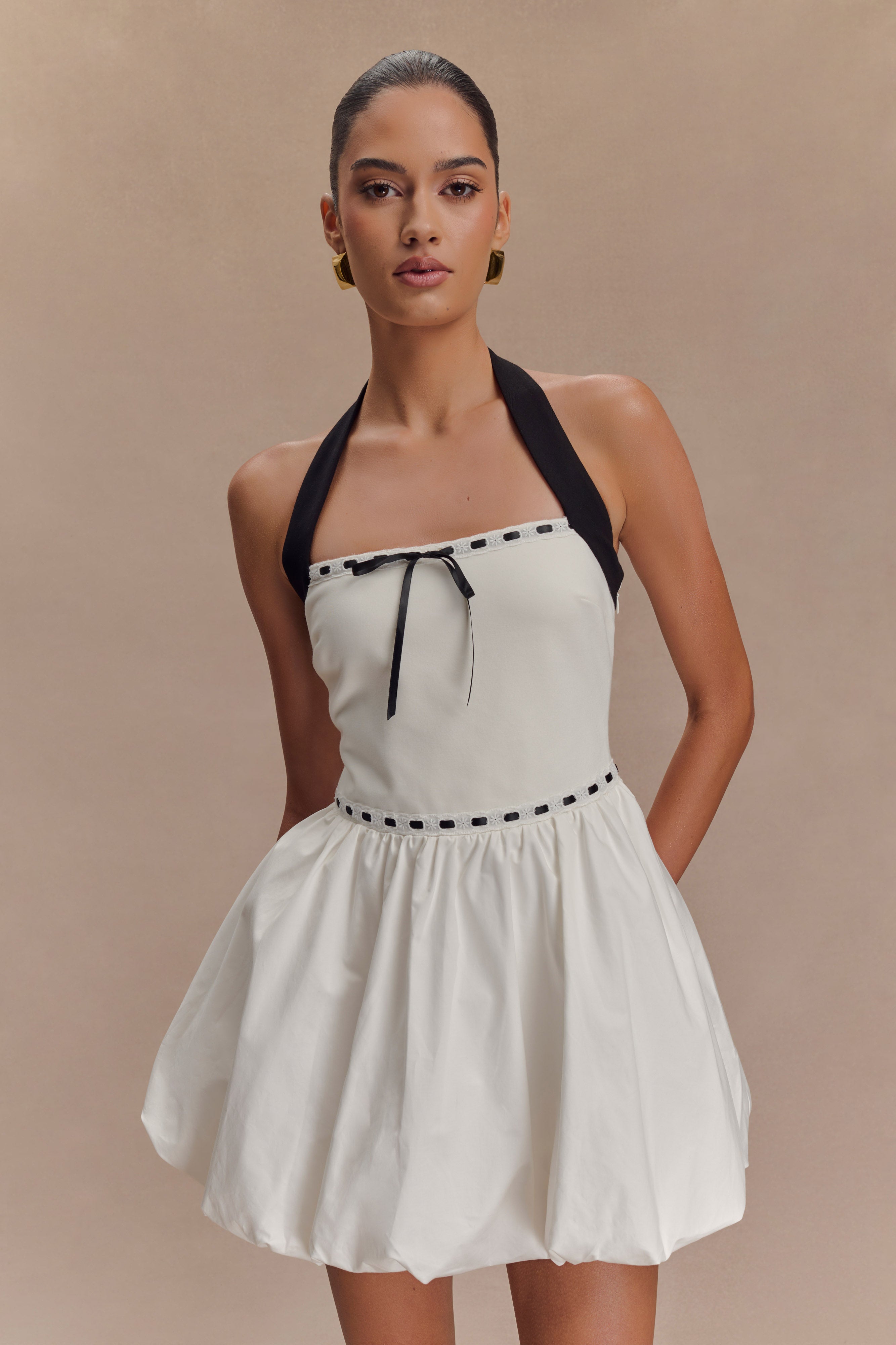 Halter Bubble Mini Dress with Contrast Trim & Zip Back | Queenie