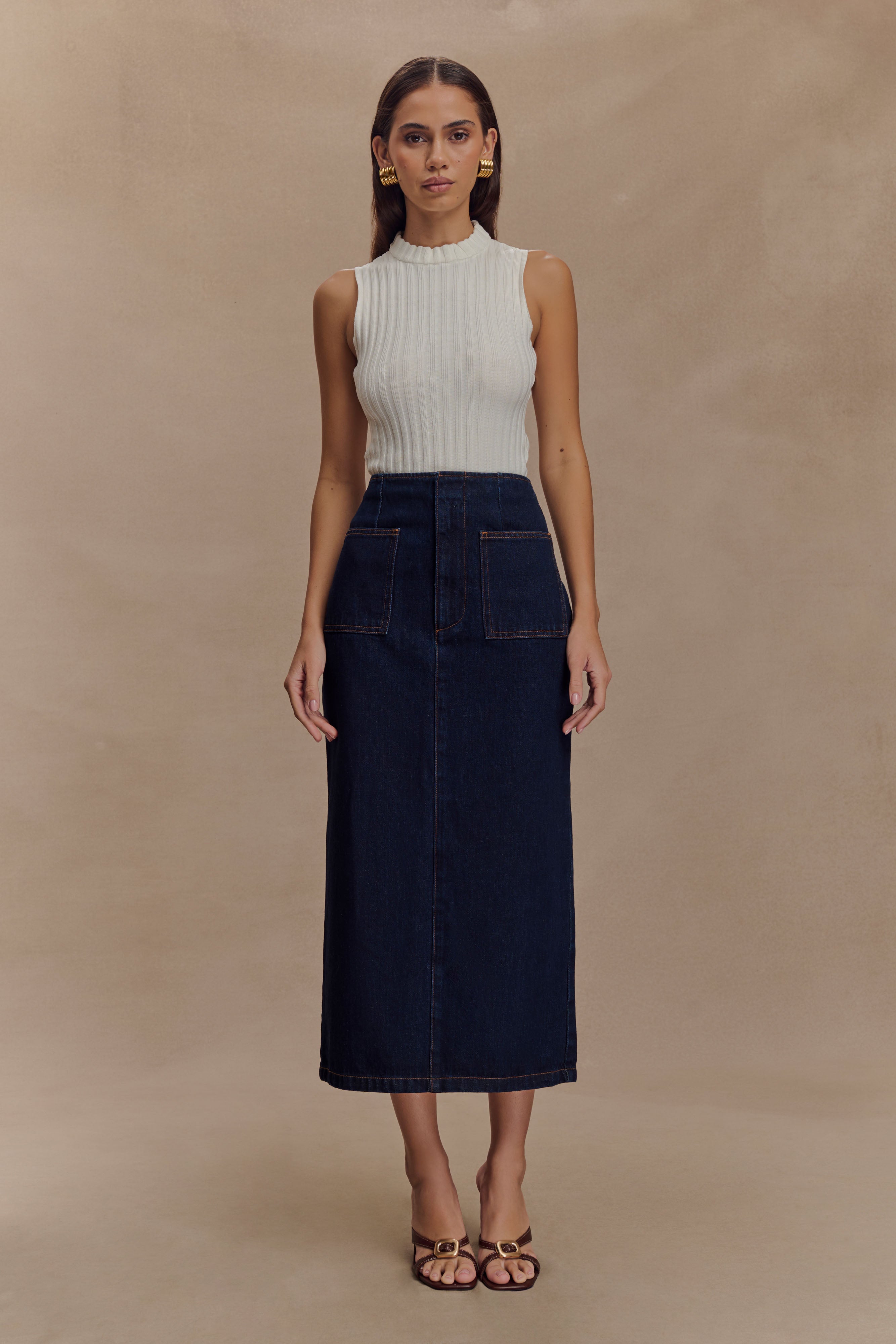 Denim Midi Skirt with Patch Pockets & Back Split | Fallon Indigo Blue