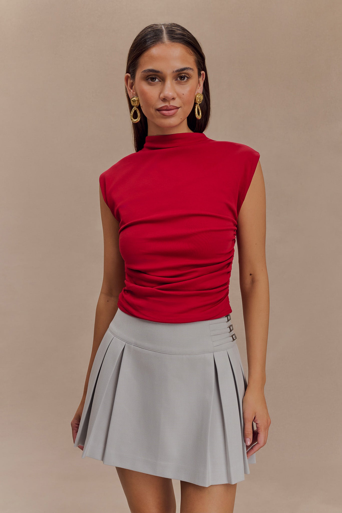 High Neck Sleeveless Top with Ruching - Ellia | Red Jersey Blouse