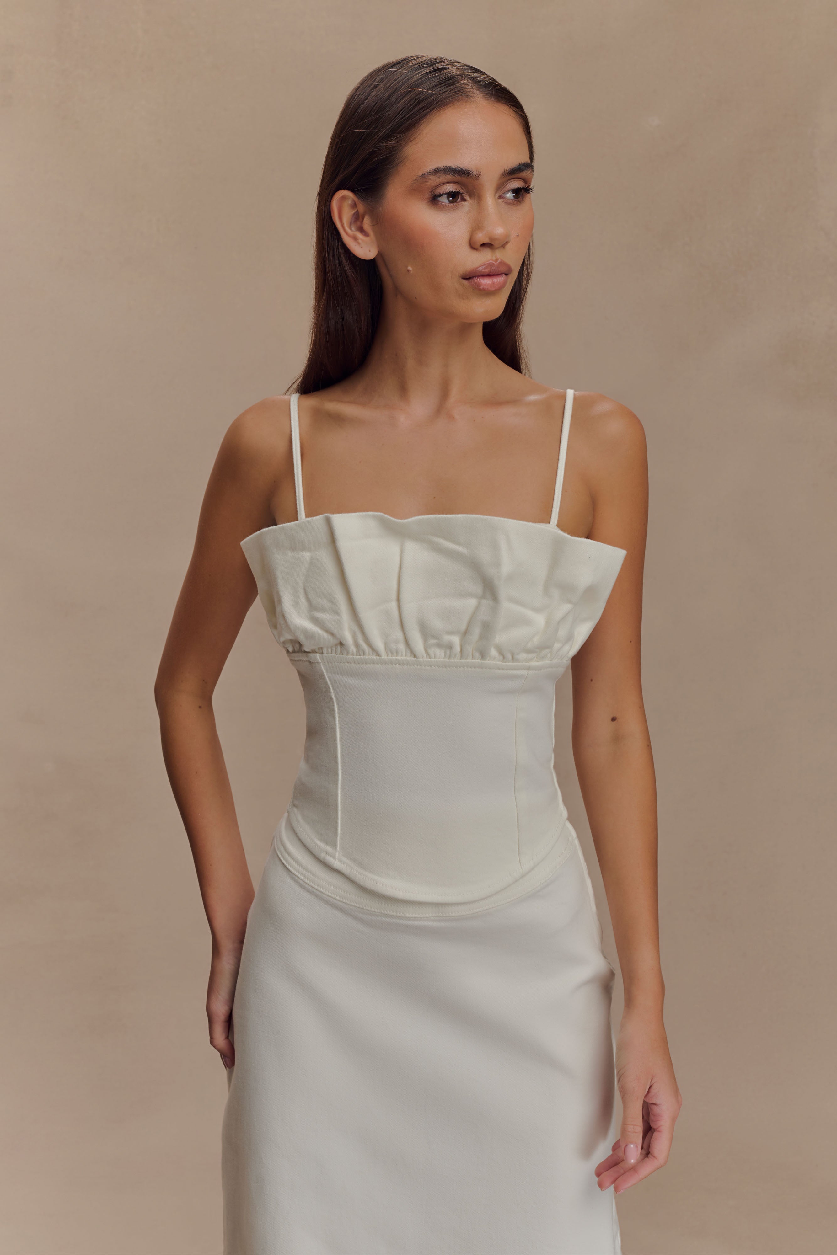 Denim Frill Corset with Adjustable Straps | Cecilia White