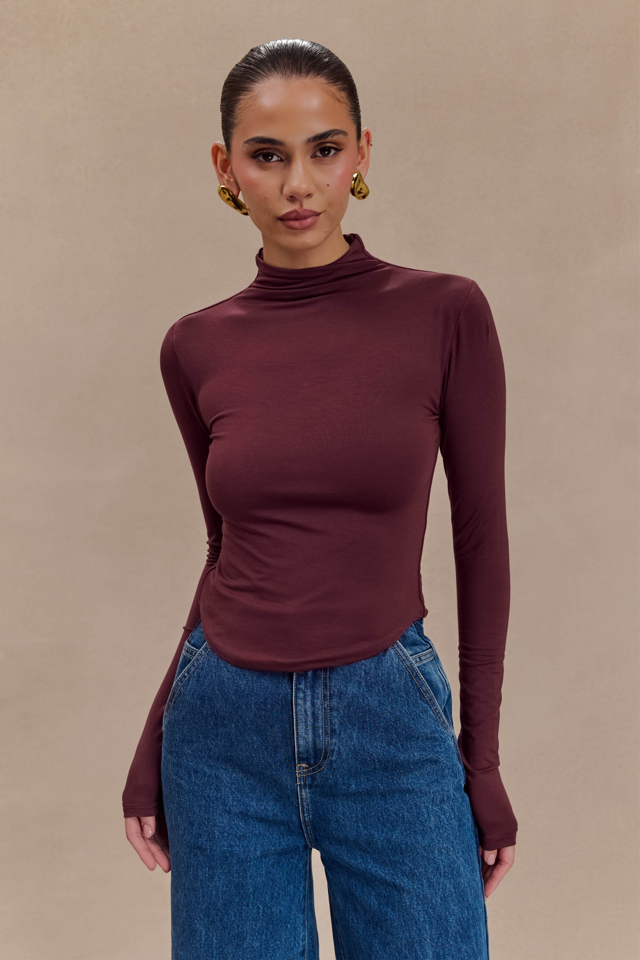 Modal Long Sleeve High Neck Top with Thumbholes | Ember