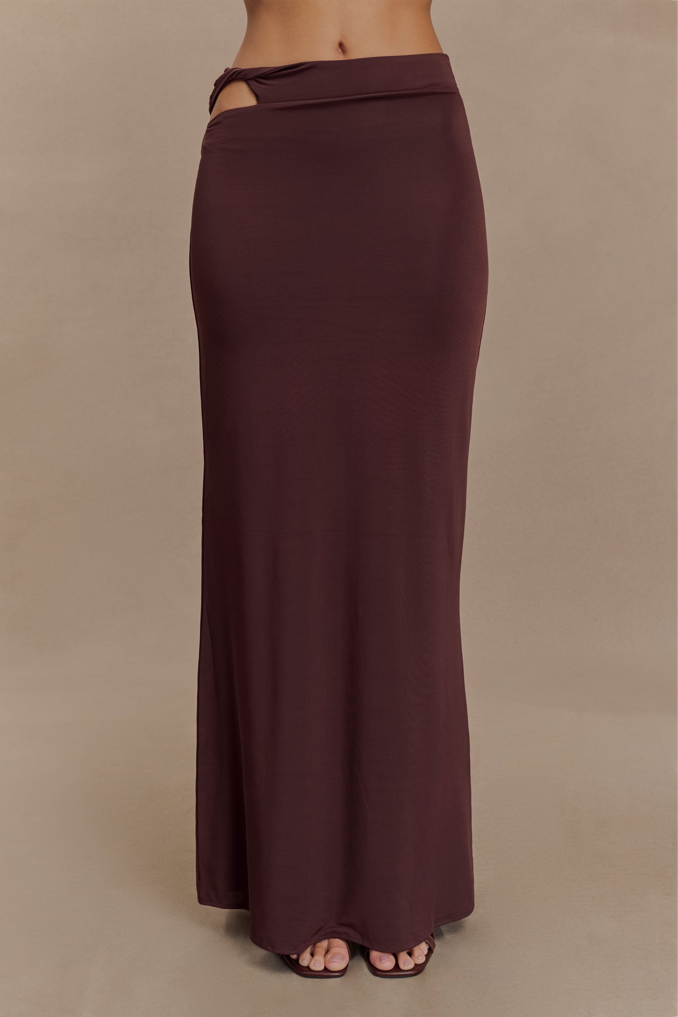 Twist Midi Skirt with Asymmetrical Waist | Haven Slinky Chocolate