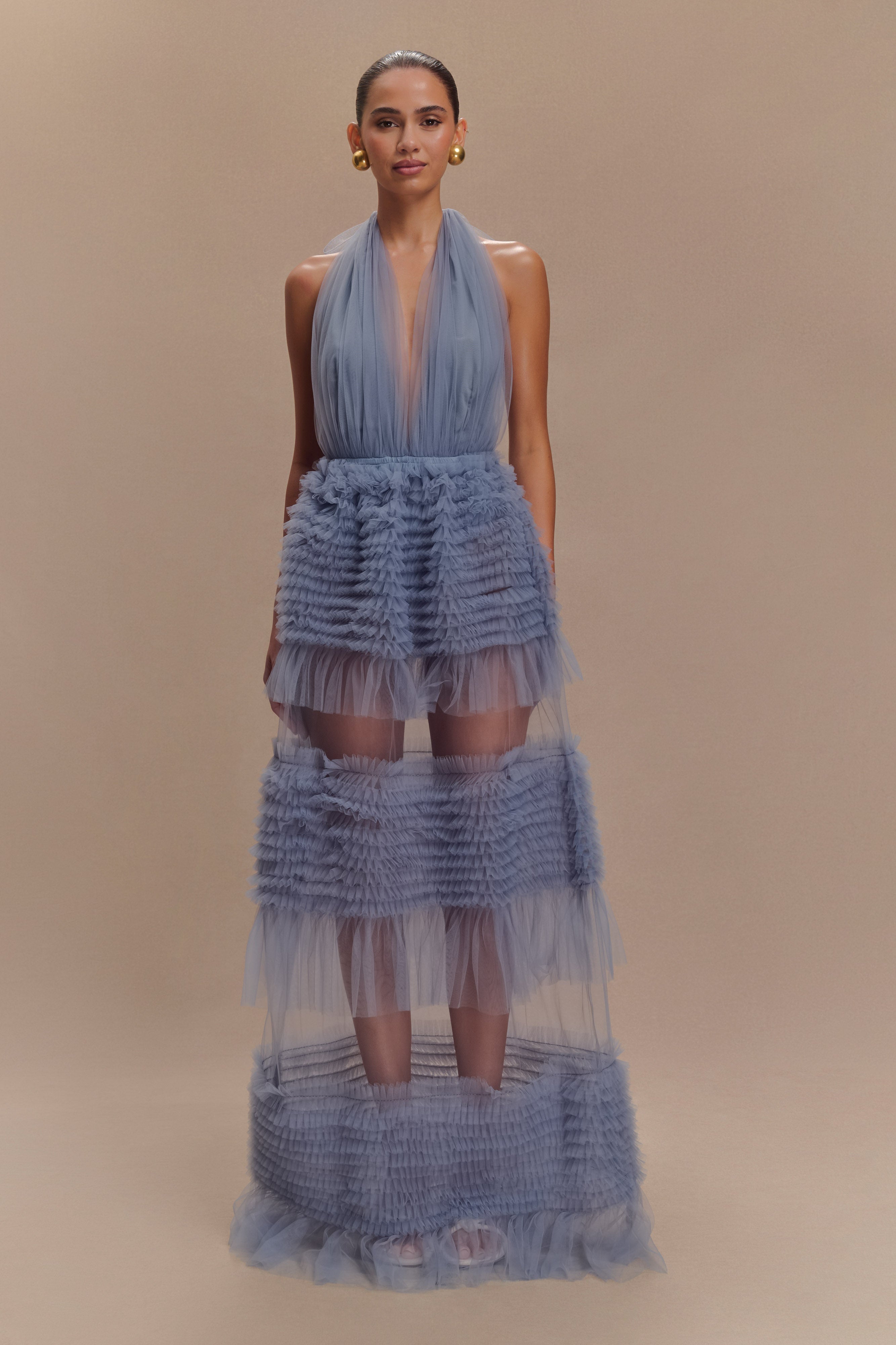Mesh Halter Maxi Dress with Ruffle Skirt & Plunge Neckline | Minka