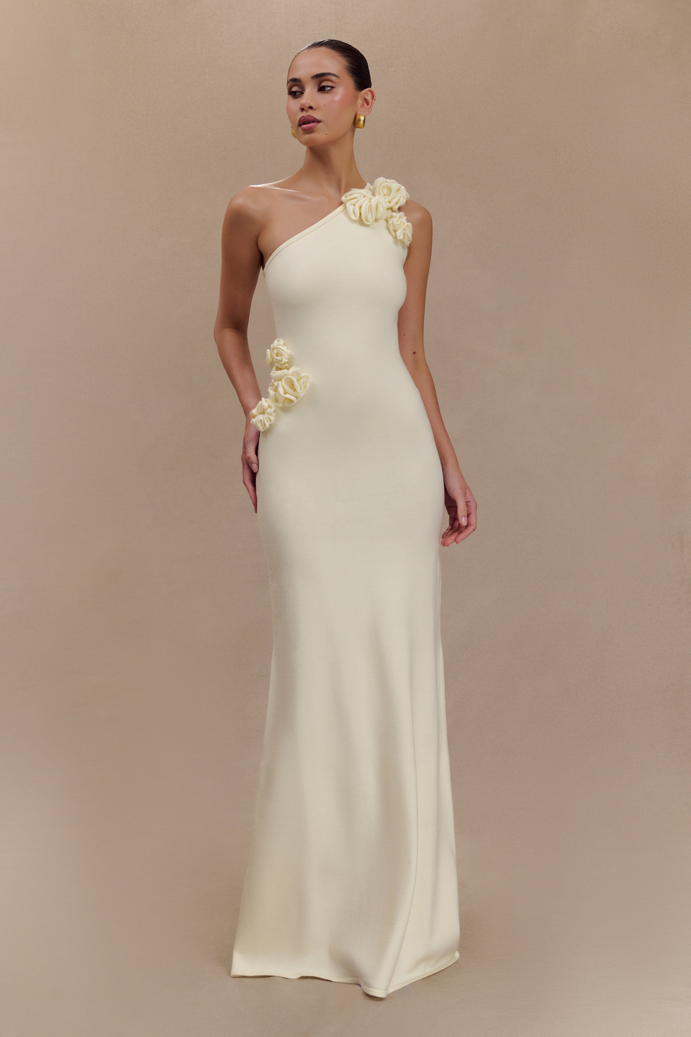 One Shoulder Knit Maxi Dress with Floral Details | Paloma Ivory