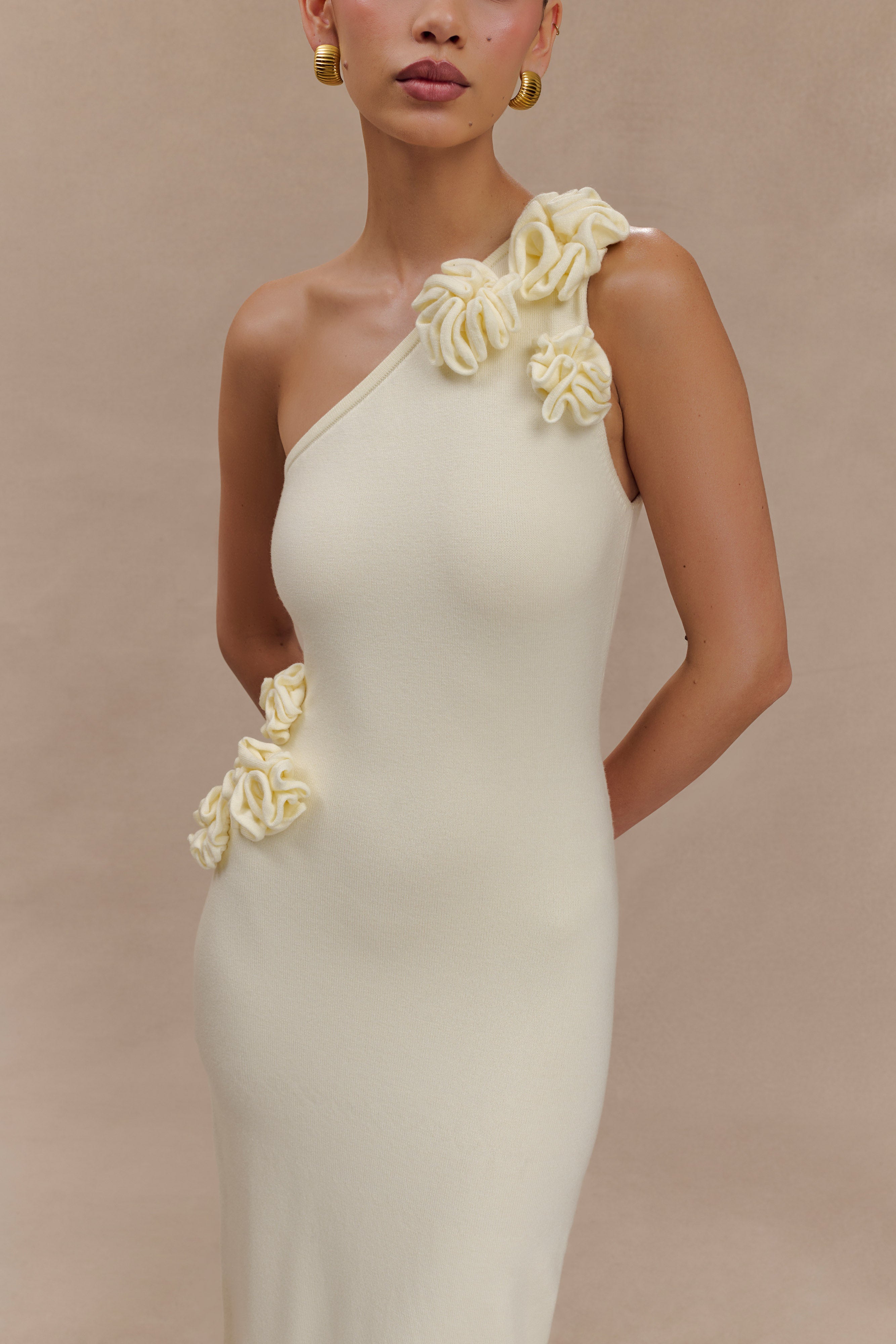 One Shoulder Knit Maxi Dress with Floral Details | Paloma Ivory