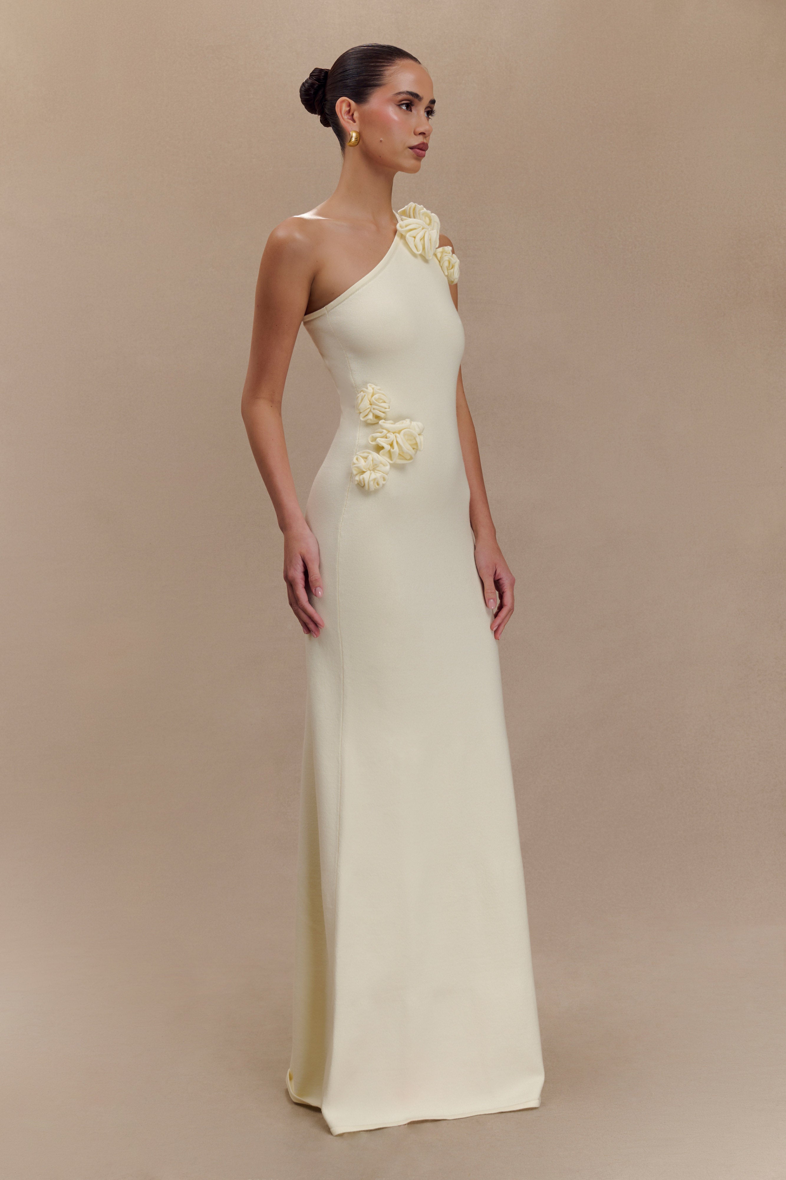 One Shoulder Knit Maxi Dress with Floral Details | Paloma Ivory