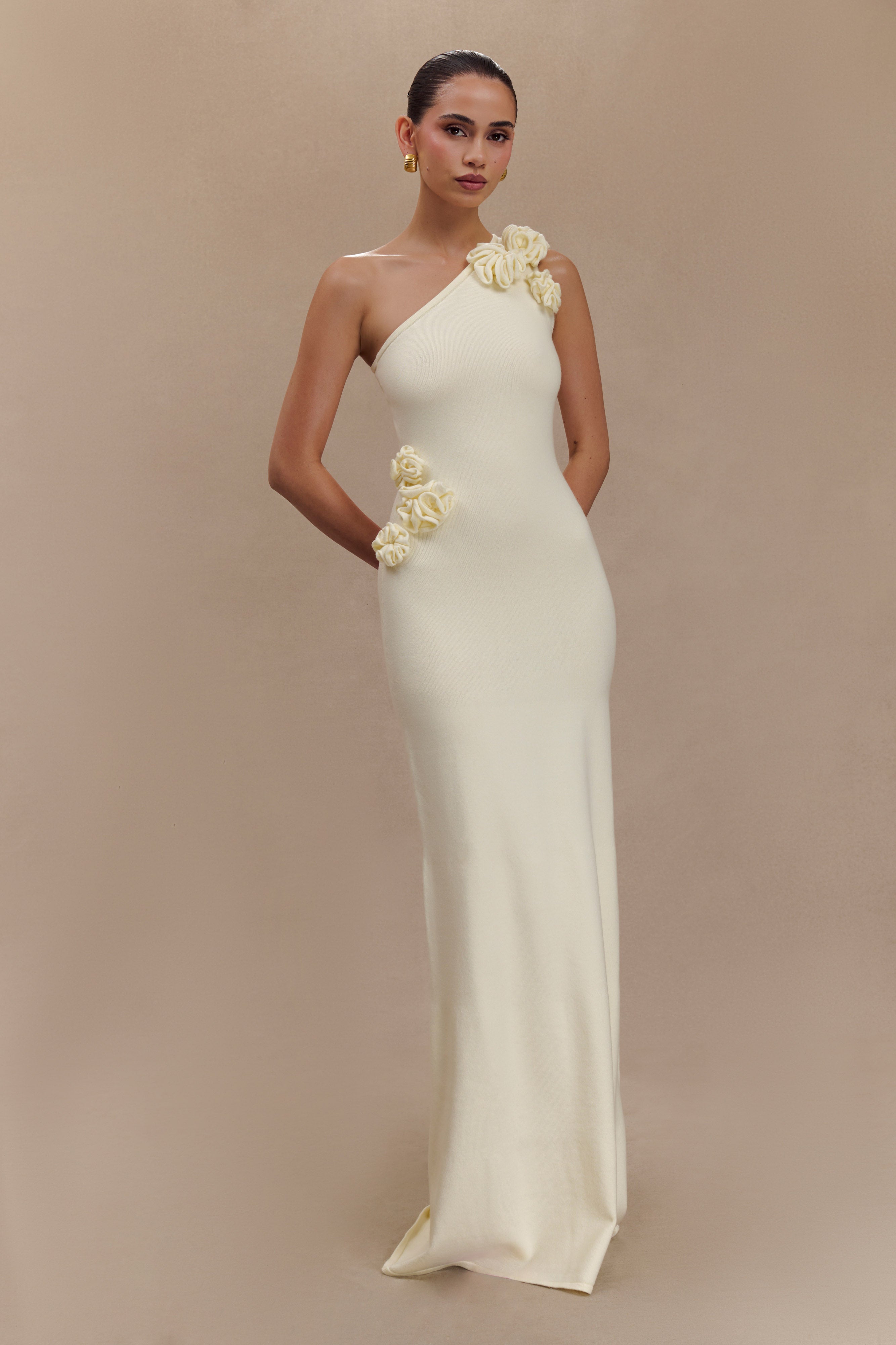 One Shoulder Knit Maxi Dress with Floral Details | Paloma Ivory