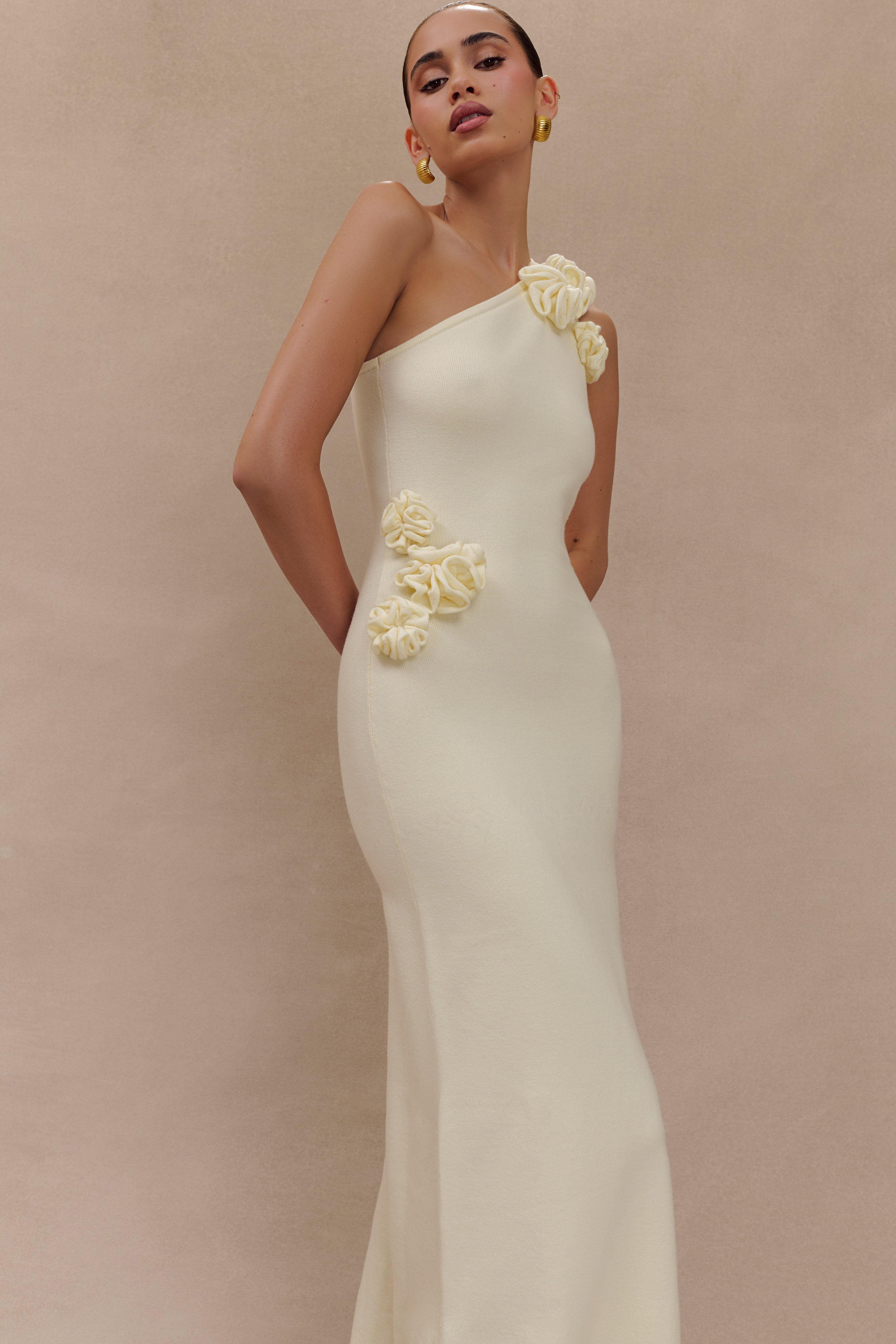 One Shoulder Knit Maxi Dress with Floral Details | Paloma Ivory