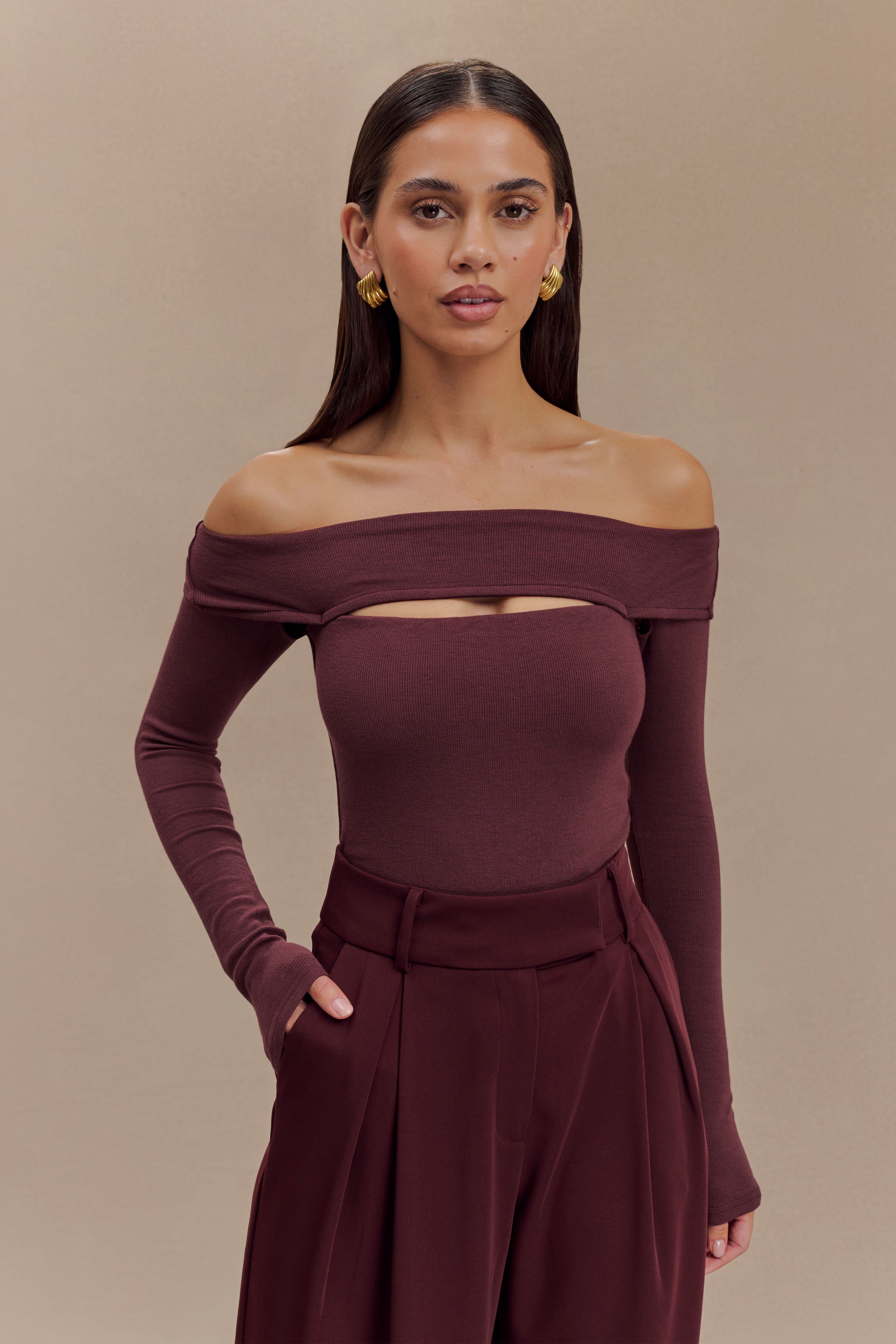 Cut Out Modal Long Sleeve Top with Bardot Neckline | Briah