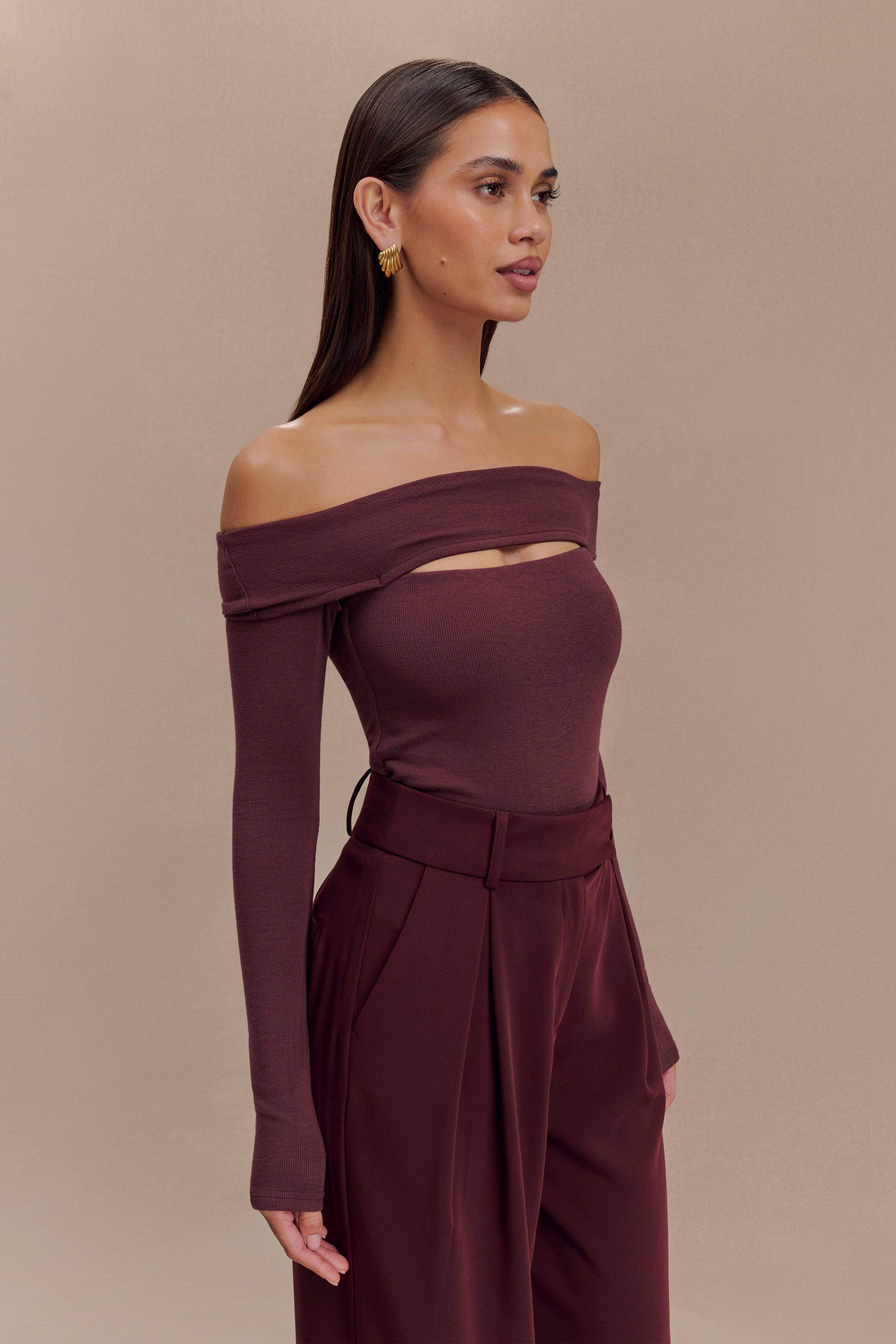 Cut Out Modal Long Sleeve Top with Bardot Neckline | Briah