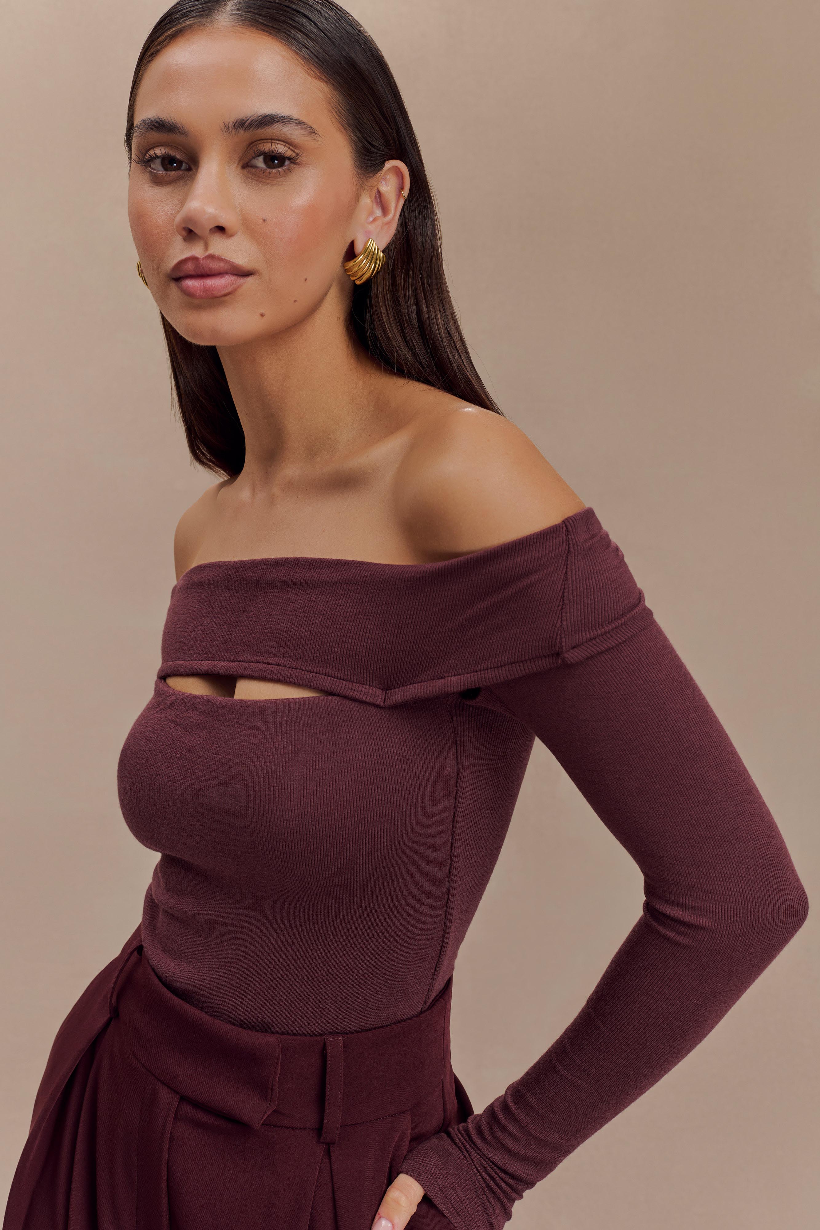 Cut Out Modal Long Sleeve Top with Bardot Neckline | Briah