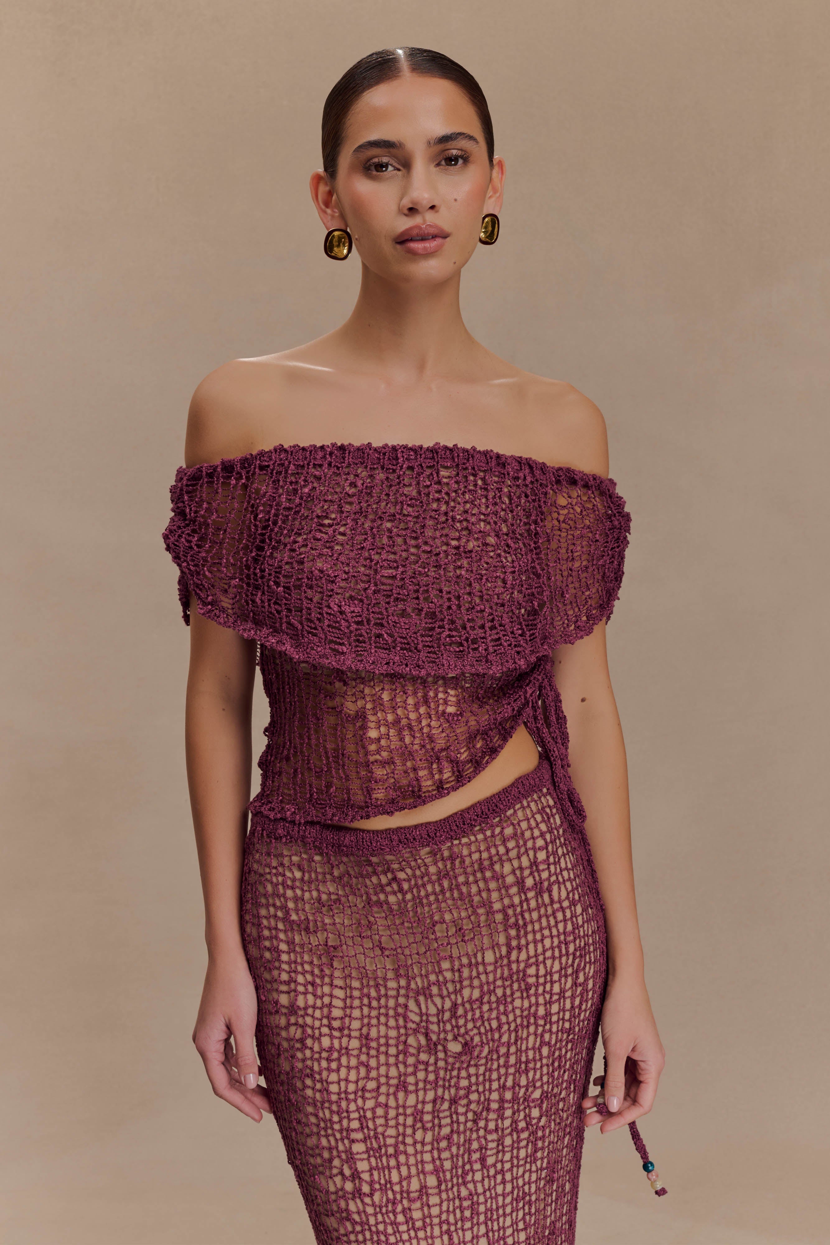 Off Shoulder Knit Top with Ruched Waist & Asymmetrical Hem | Cordelia