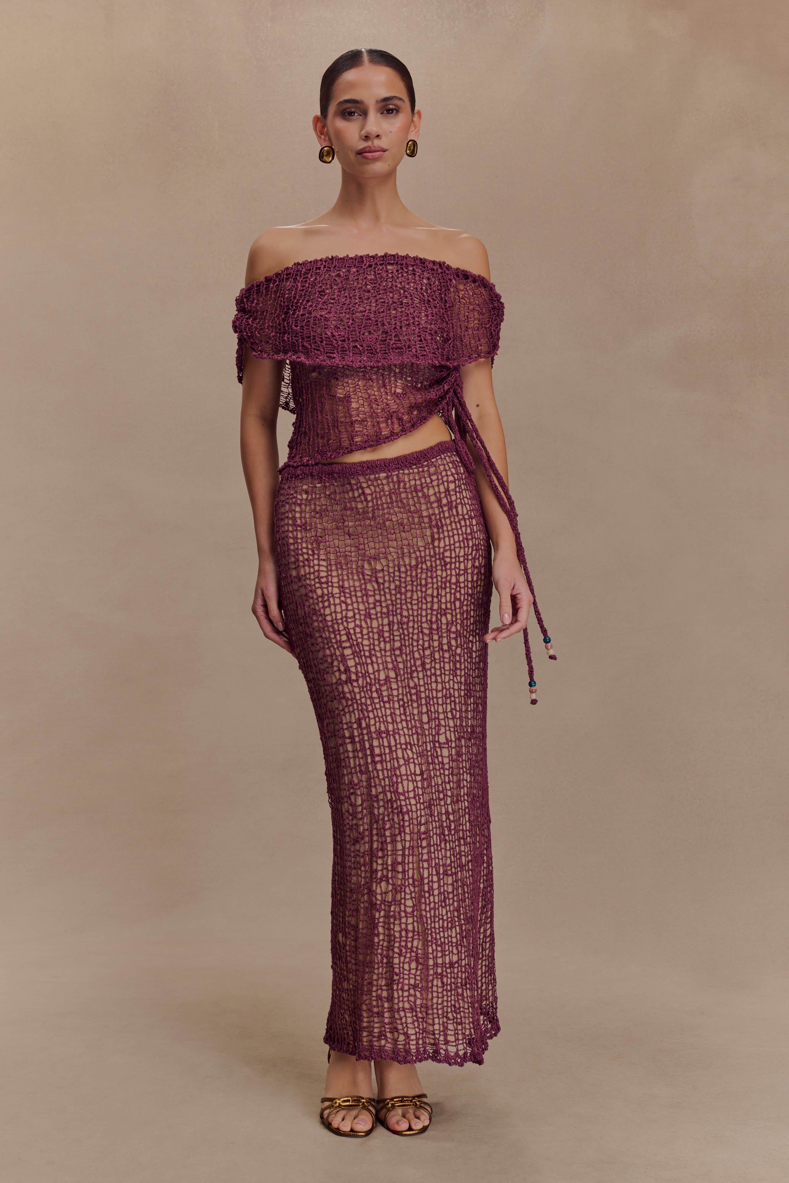 Off Shoulder Knit Top with Ruched Waist & Asymmetrical Hem | Cordelia