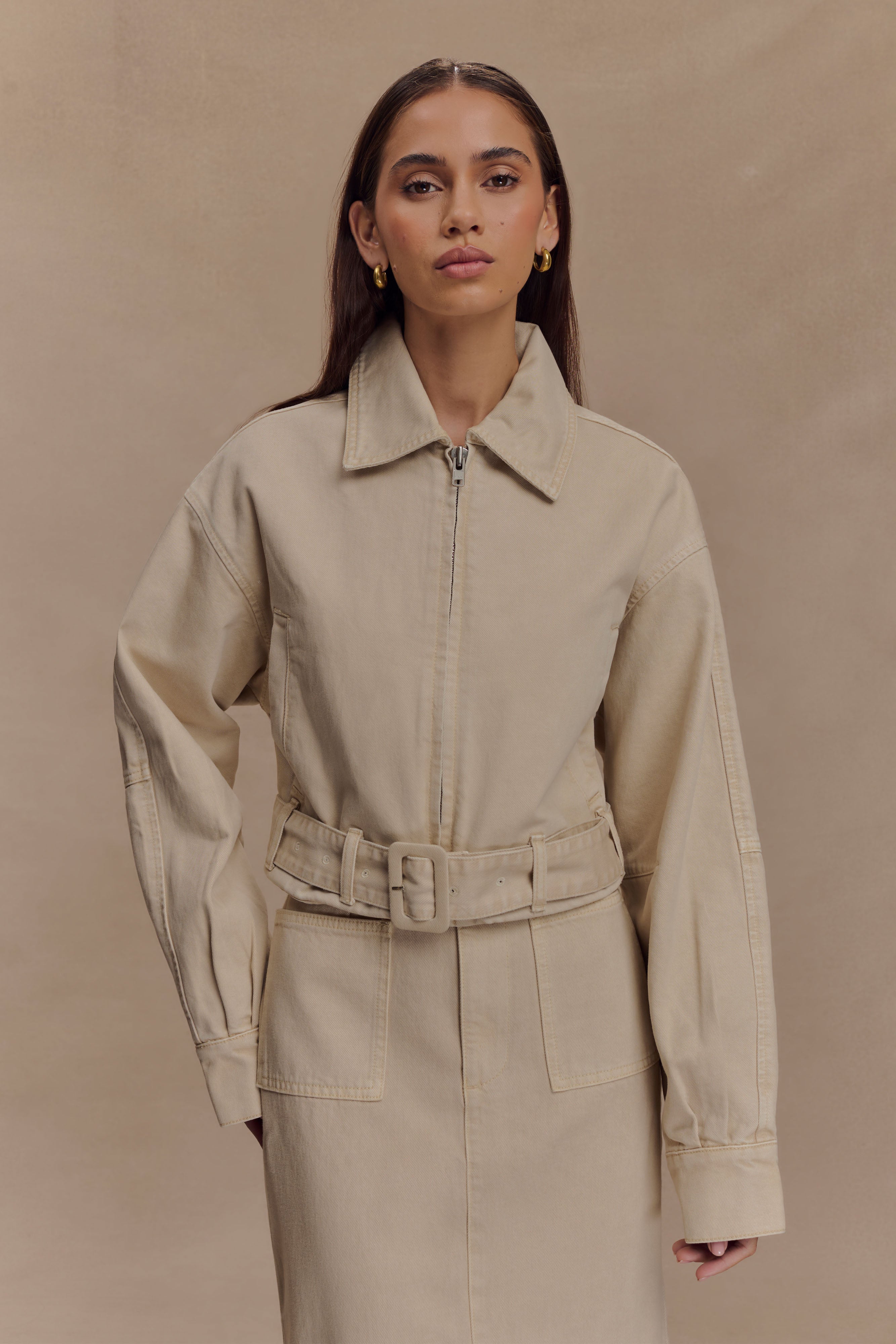 Stone Wash Cropped Denim Jacket with Waist Belt | Fallon